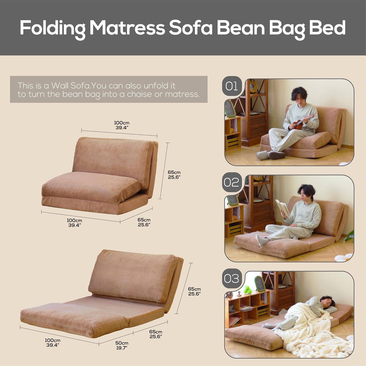 N&V Folding Matress Sofa Bean Bag Bed, Foam Filling Folding Matress Sofa, Includes Removable and Machine Washable Cover, Soft Premium Faux Fur (Small, Brown)