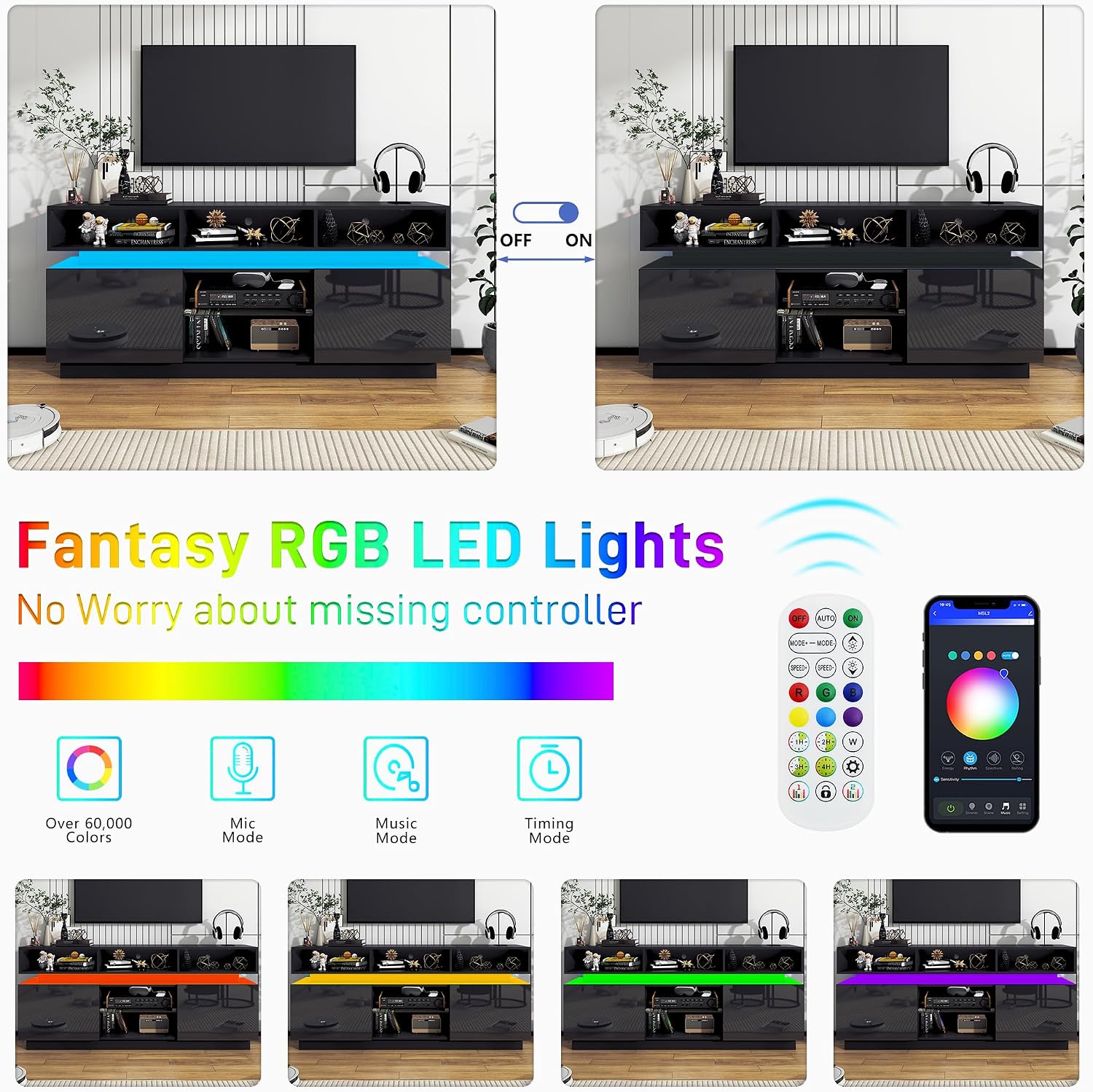 chartustriable LED TV Stand for 75 Inch TV, Modern Tall Entertainment Center with Power Outlets, High Gloss TV Stand, Gaming TV Media Console with Glass Shelf for Living Room, 63 Inch, Black