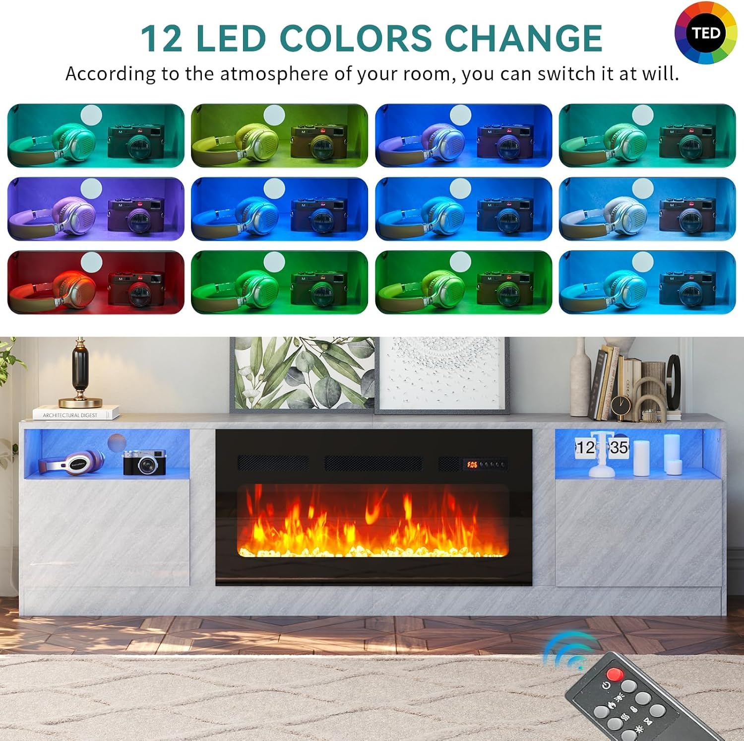 oneinmil 80' TV Stand with 36' Electric Fireplace, Large Modern Media Entertainment Center with Storage Cabinet and 12 Colors LED Lights for TVs Up to 90', Grey+Black