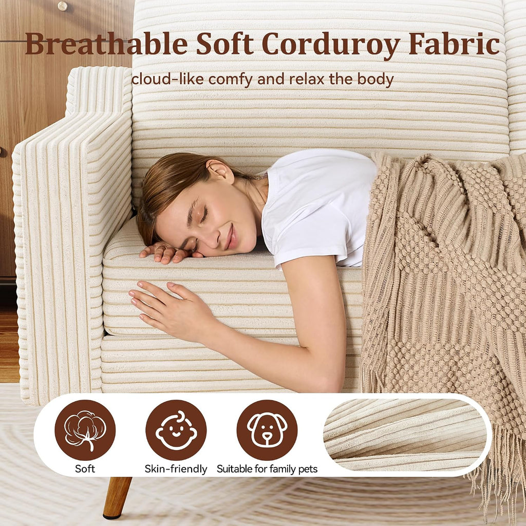 65.4' Loveseat Sofa,Comfy Cream White Corduroy Love Seat Couches for Living Room,Mid Century Modern Small Couch for Bedroom Office with Spring Cushion,Solid Wood Frame,Tool-Free Assembly
