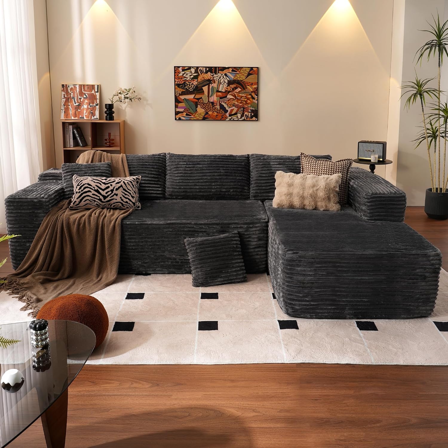 ovios 104' Cloud Boneless Couch with L-Shape Chaise,Modern Sectional Modular Sofa with Deep Seat, Upholstered Couches for Living Room Bedroom,No Assembly Required, Grey (Plush Corduroy Fabric)