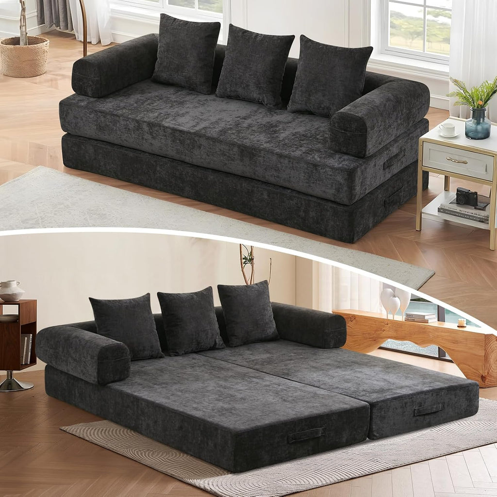 Futon Sofa Bed, Modular Convertible Folding 3 Seater Chenille Foam Floor Loveseat Sleeper Sofa Couch with 3 Pillows, No Assembly Compressed Boneless Couch, for Living Room Bedroom Guest Room, Black