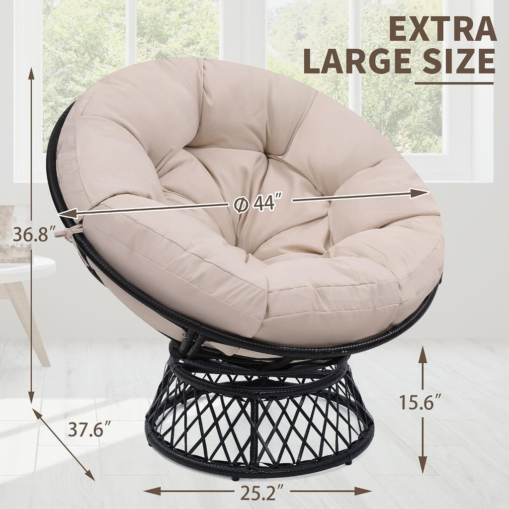 KROFEM 46' Giant Oversized Ergonomic Rattan Papasan Chair with Soft Thick Cushion for Adults, Fluid 360° Swivel, Waterproof, Black Frame with Beige Cushion