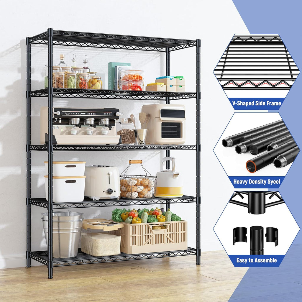 5 Tier Storage Shelves 71'H Wire Shelving Adjustable Metal Shelving,1000LBS Pantry Shelves Sturdy Steel Wire Shelf for Kitchen School Pantry Garage Warehouse ,71'H X35.5'W X13.8'D, Black,2P