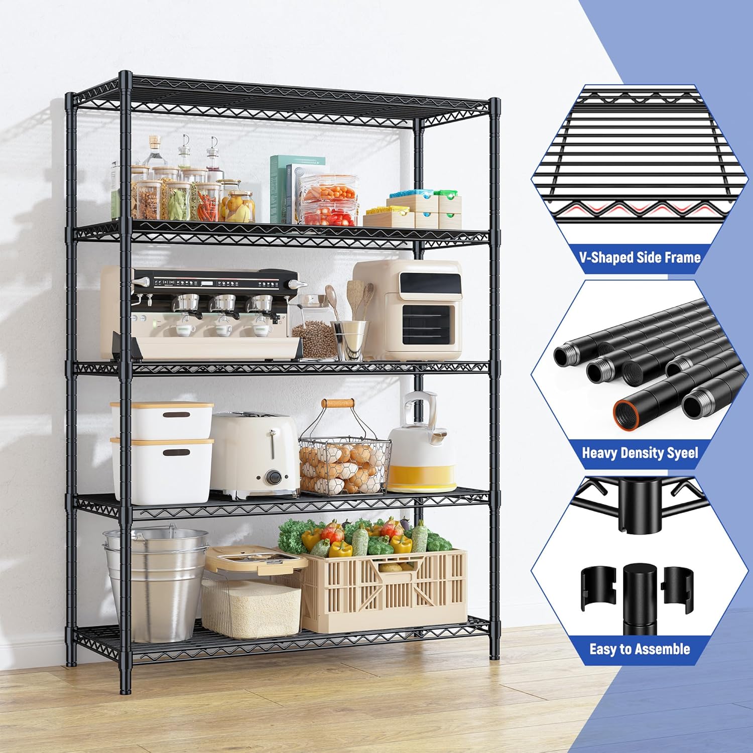5 Tier Storage Shelves 71'H Wire Shelving Adjustable Metal Shelving,1000LBS Pantry Shelves Sturdy Steel Wire Shelf for Kitchen School Pantry Garage Warehouse ,71'H X35.5'W X13.8'D, Black,2P