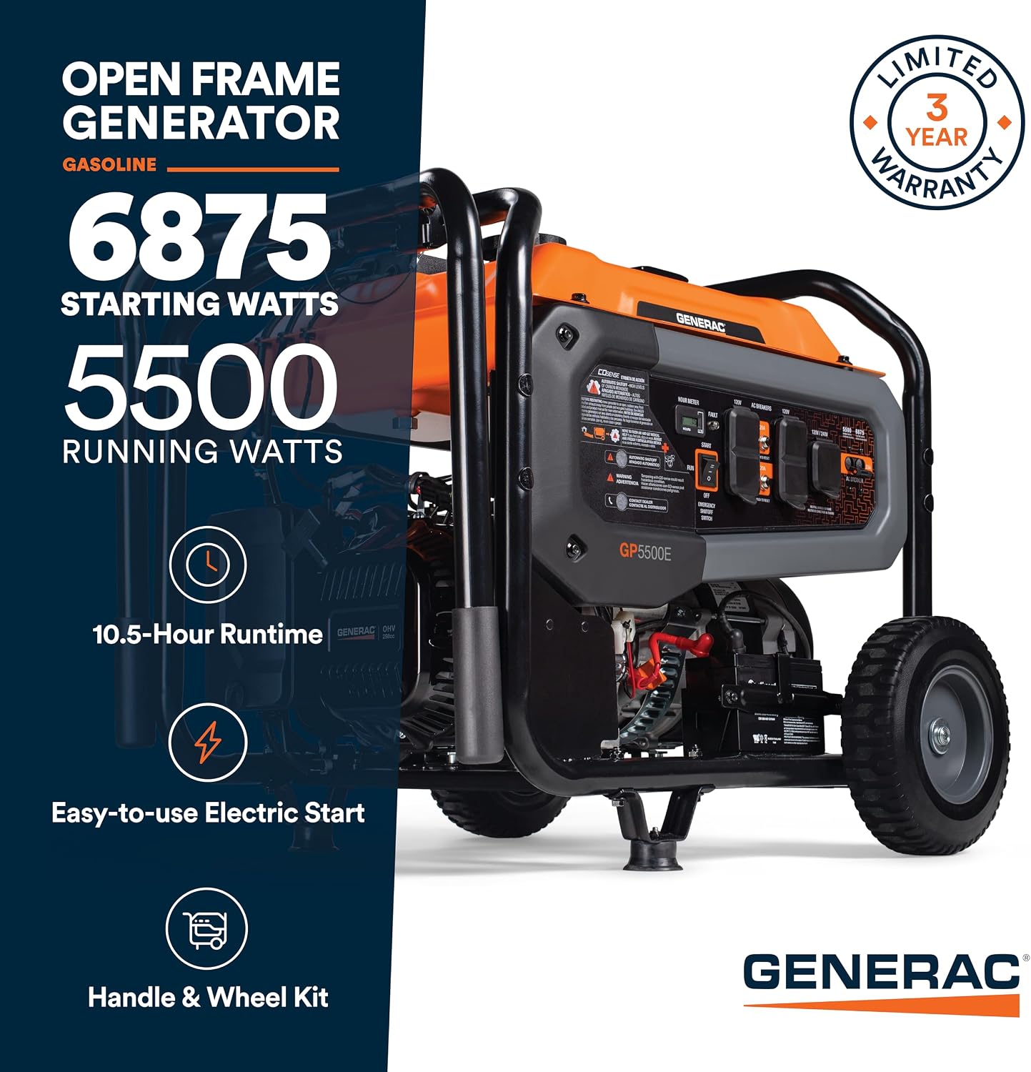 Generac 6,875 Starting Watt Portable Gas Generator - Electric Start - Home Backup or RV Ready - Heavy Duty Frame - Quiet, Long Runtime, Emergency Power - 50-State Compliant