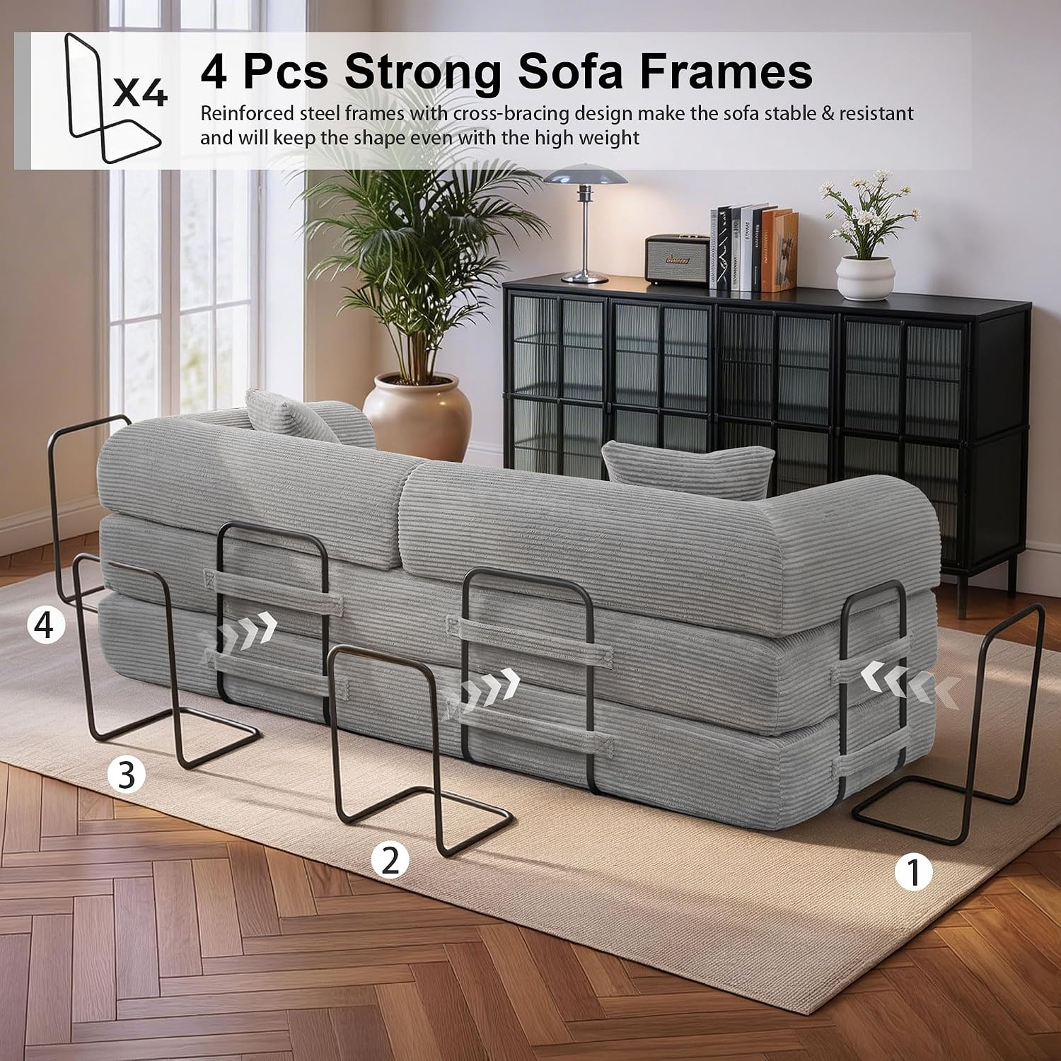 JJJ 78 inch Sofa Bed 4-in-1 Boneless Convertible Corduroy Sleeper Folding Couch with Fixed-Shape Frame and 2 Futons No Assemble Required 3 Seater Upholstered for Living Room (Light Grey, 78 inch)
