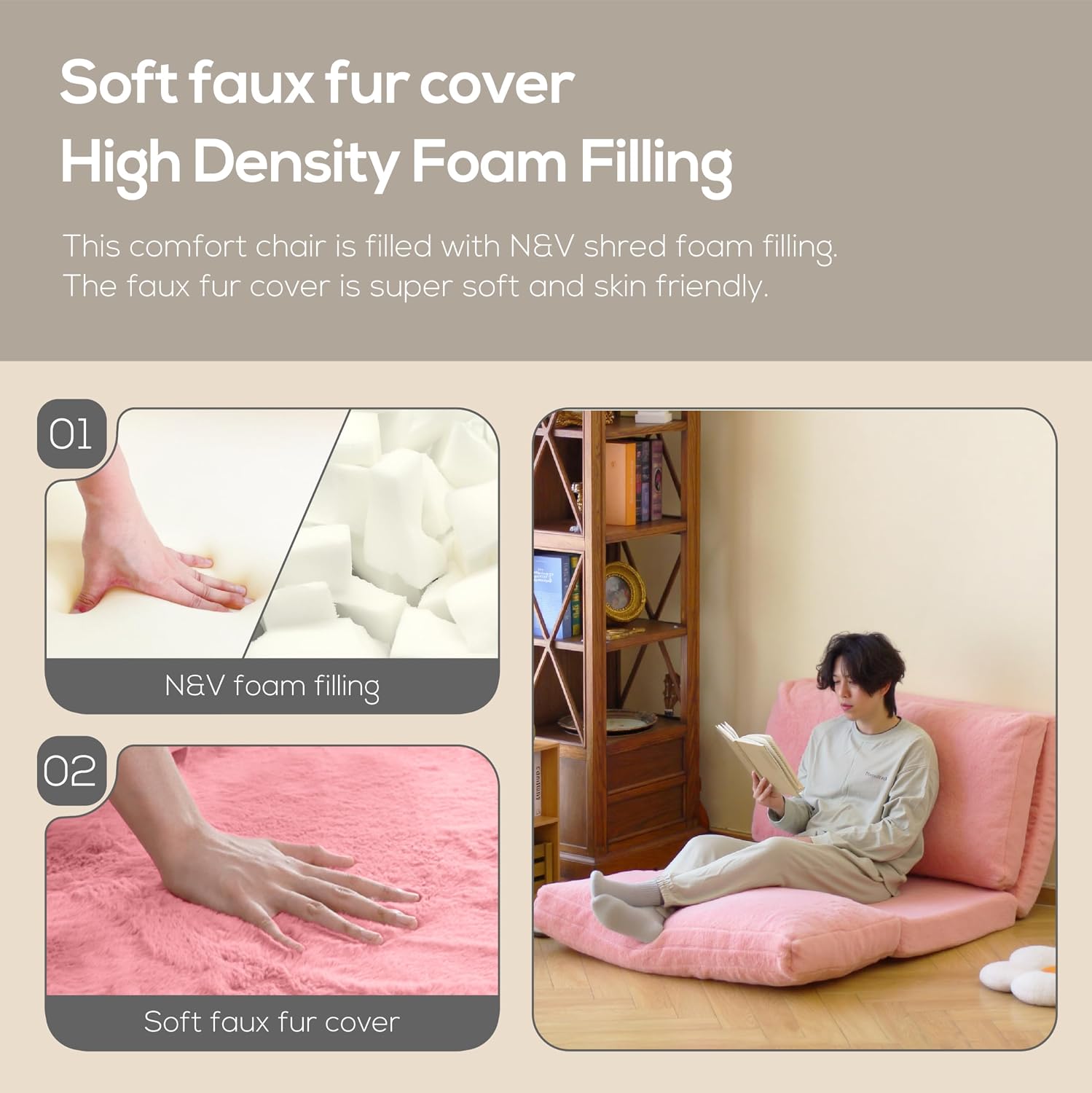 N&V Folding Matress Sofa Bean Bag Bed, Foam Filling Folding Matress Sofa, Includes Removable and Machine Washable Cover, Soft Premium Faux Fur (Small, Brown)
