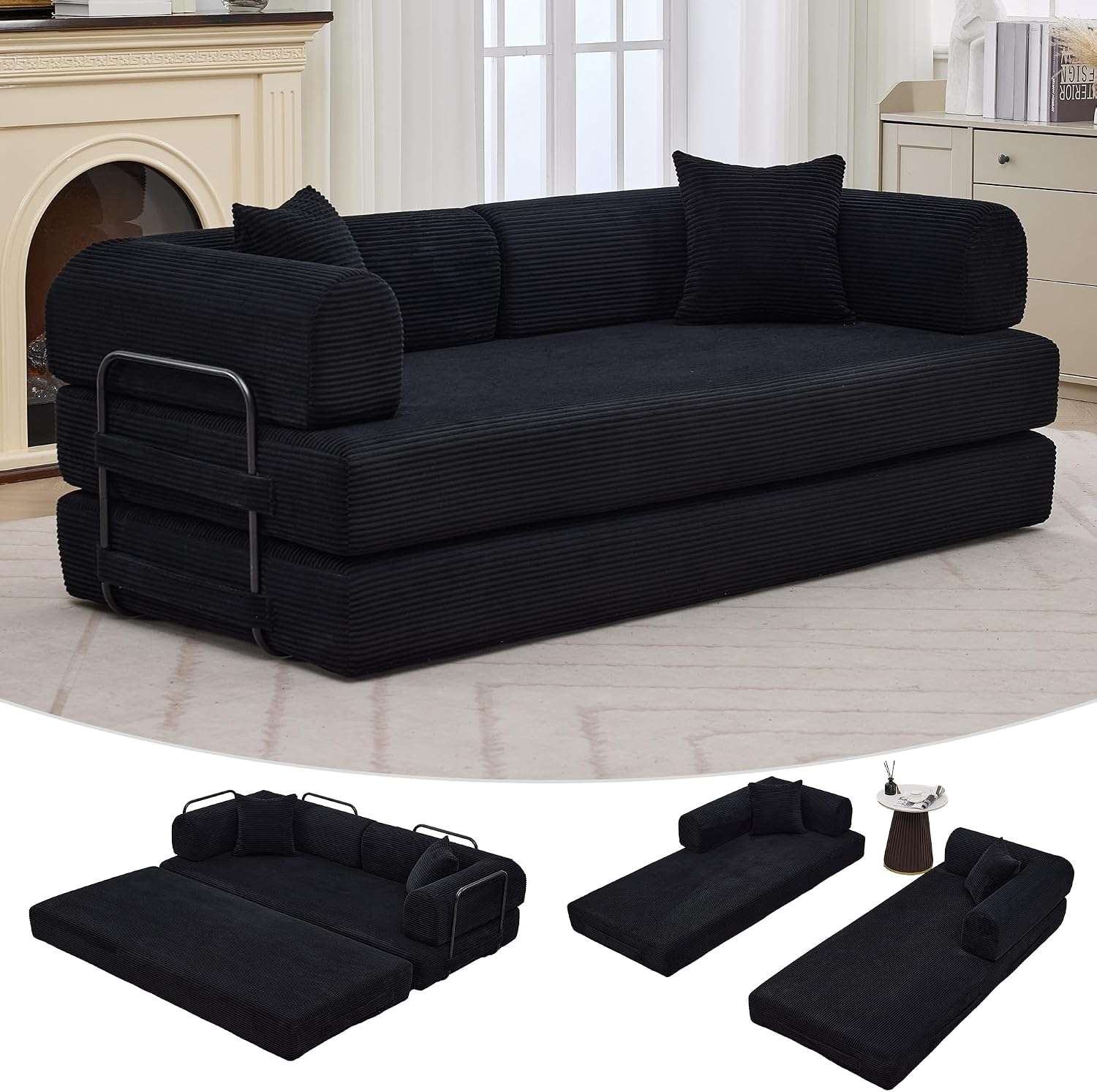 IDEALHOUSE 4 in 1 Convertible Sleeper Sofa Bed Couch, 79 Inch Boneless Corduroy Floor Couch with Pillows, No Assembly, Modern Deep Seat Sofa Futon Mattress for Living Room,Apartment,Black