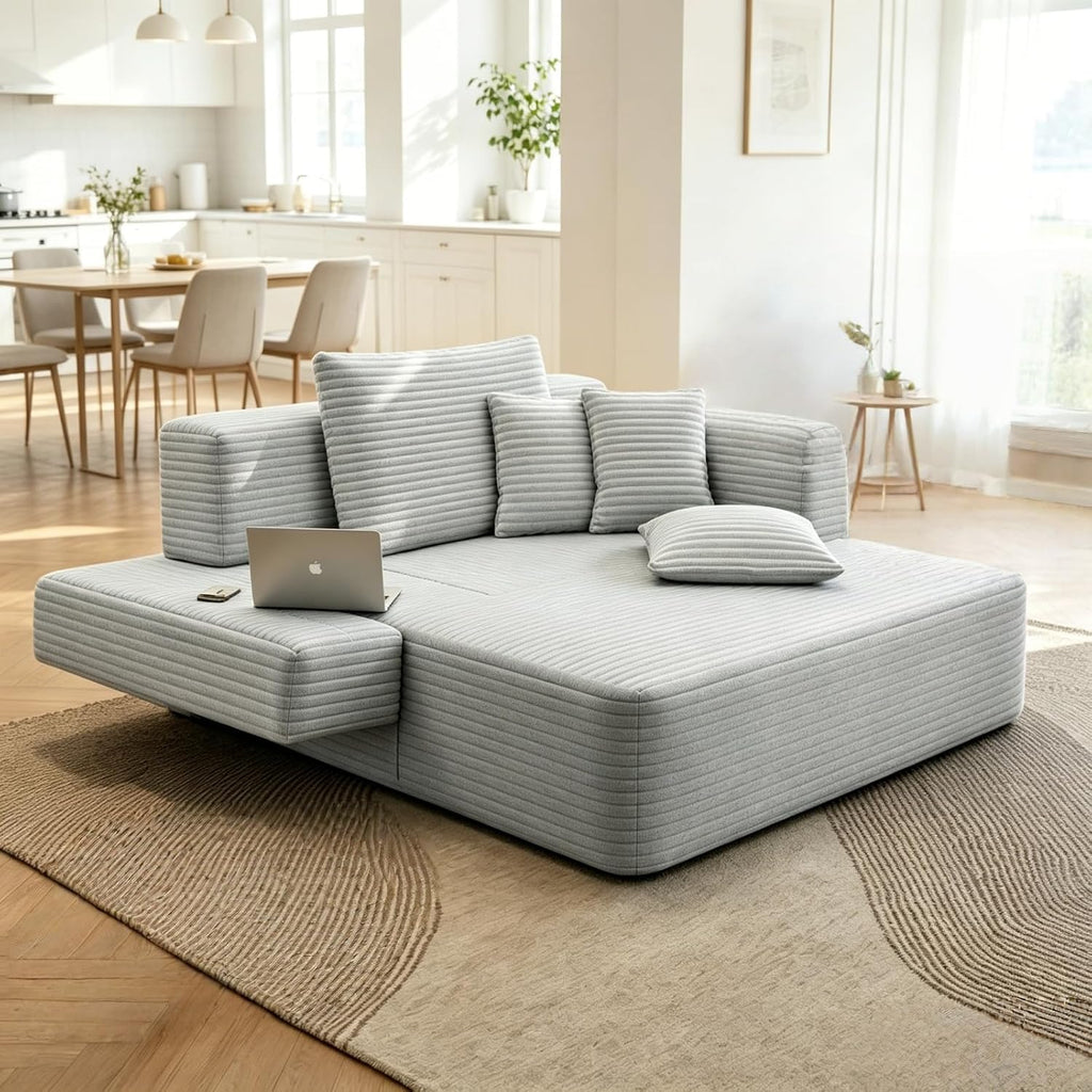 Oversized Boneless Chaise Sofa Bed, Corduroy Chaise Lounge Chair Indoor with Storage Pockets, Upholstered Cloud Sleeper Chair Bed for Small Space, Living Room, Bedroom, Apartment, Light Grey