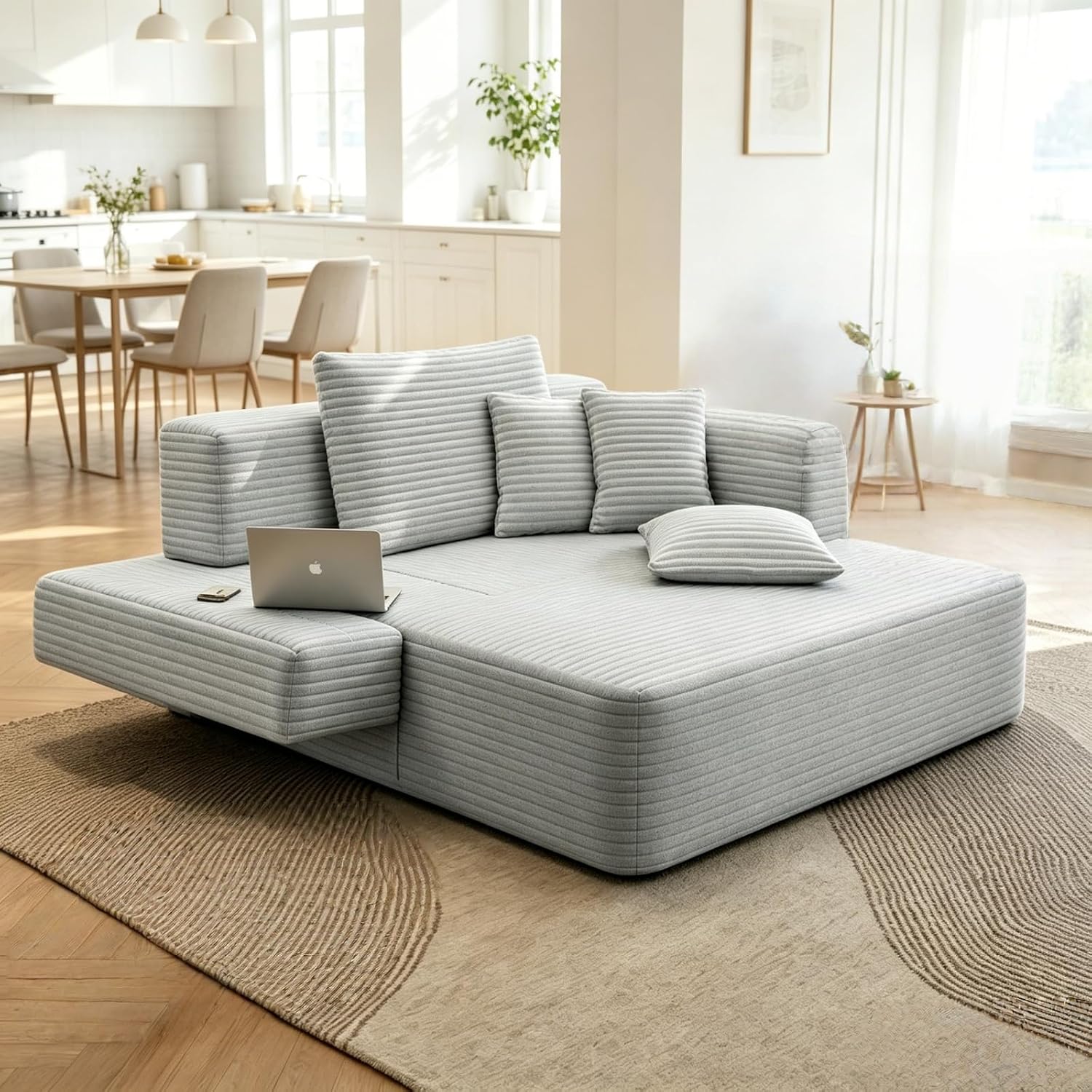 Oversized Boneless Chaise Sofa Bed, Corduroy Chaise Lounge Chair Indoor with Storage Pockets, Upholstered Cloud Sleeper Chair Bed for Small Space, Living Room, Bedroom, Apartment, Light Grey