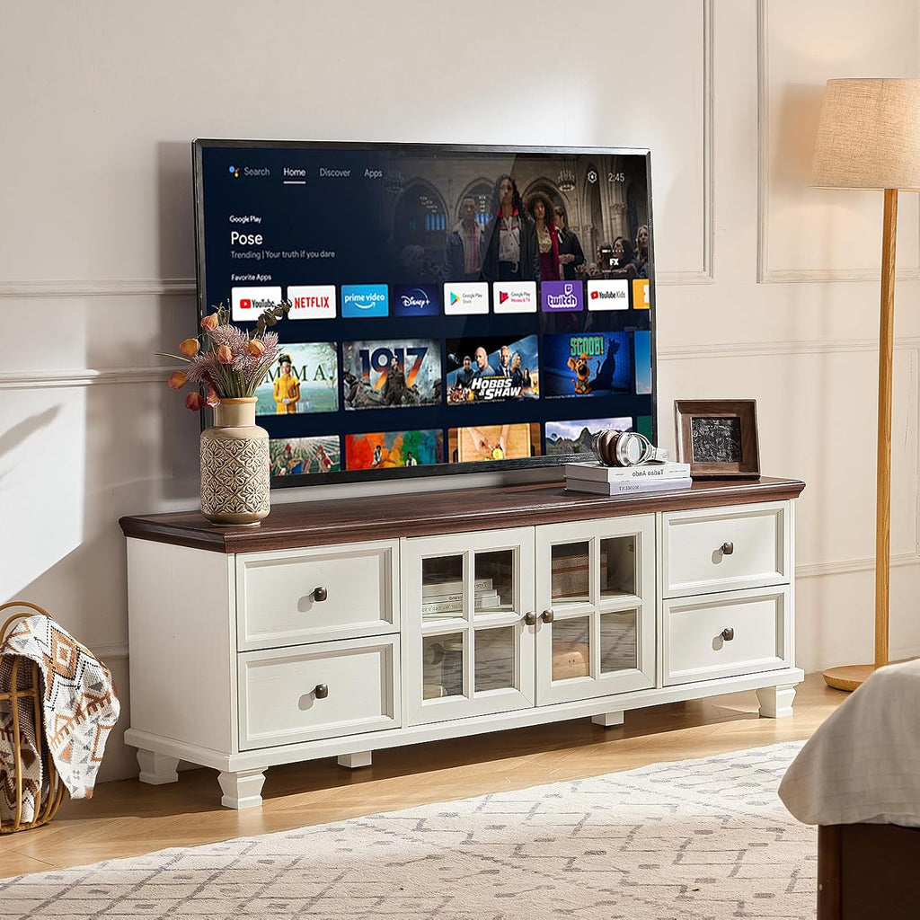 SAVOR LIFE TV Stands for Living Room, Farmhouse Entertainment Center, Rustic Wood TV Stand with Drawers for 75 Inch TV, White
