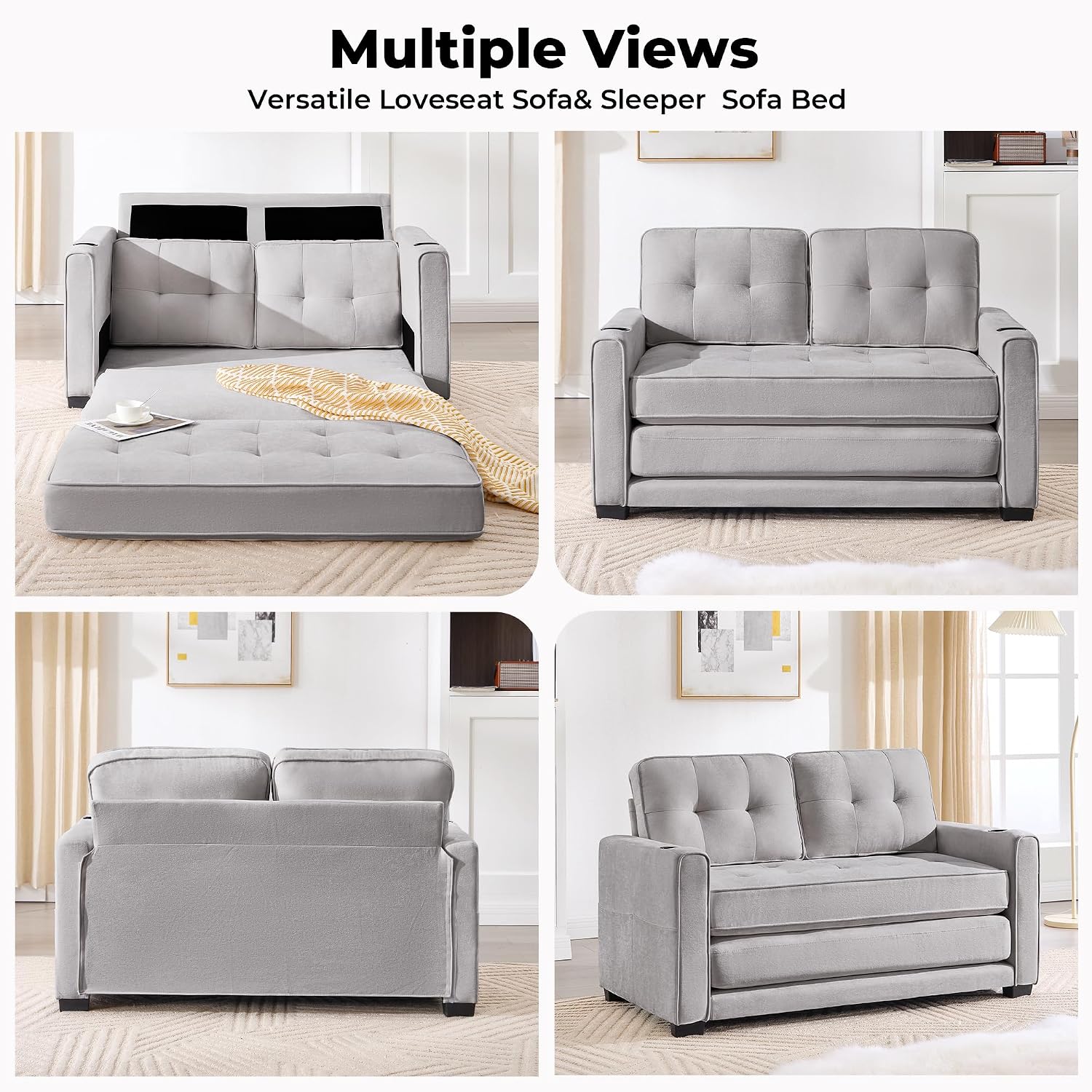 Convertible Sofa Bed, Pull Out Loveseat Sleeper Couch,Linen Fabric 2 in 1 Folding Couch Bed, Fold Out Floor Futon Couches with Cup Holder for Living Room, Bedroom,Small Space, Light Grey