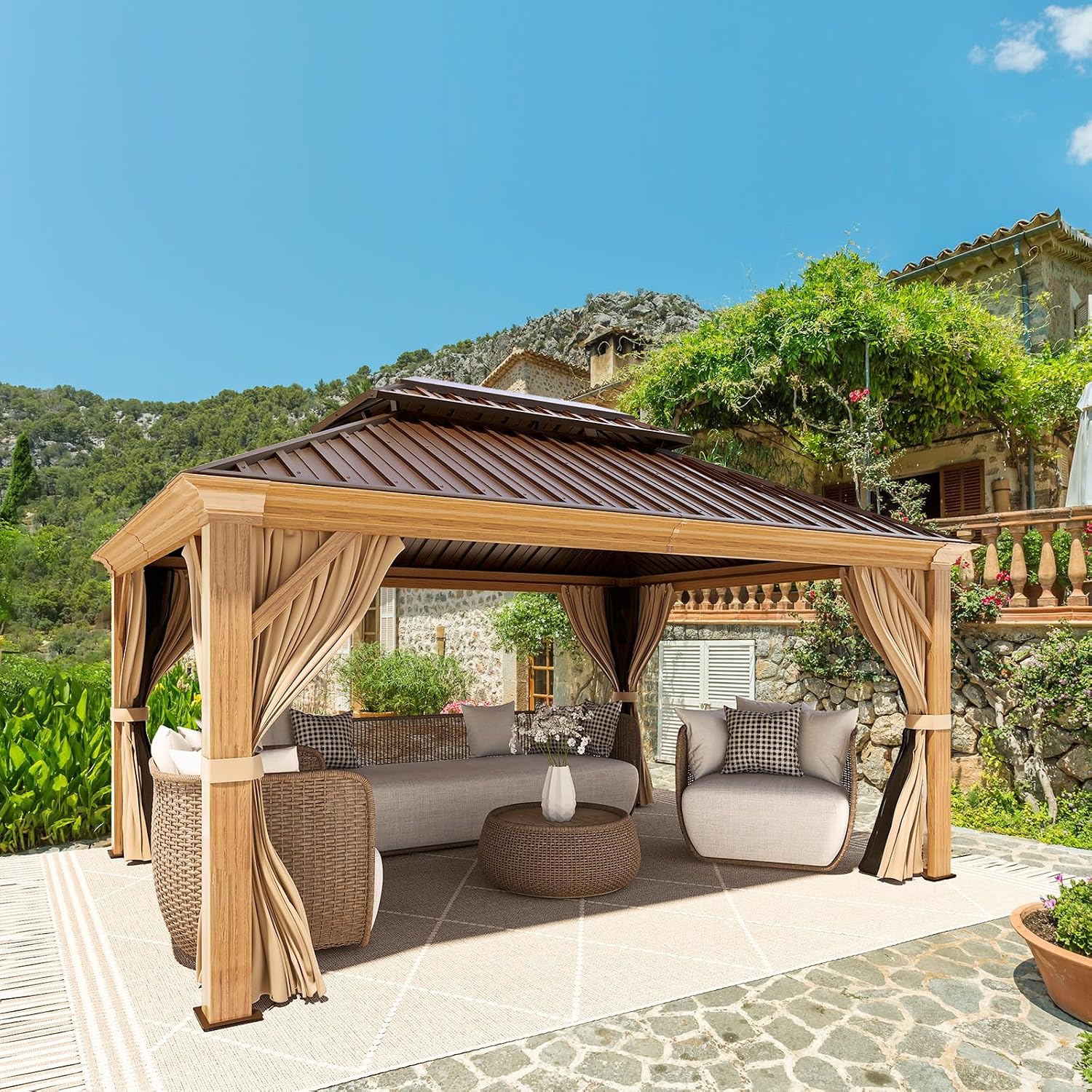 YOLENY 12' x 14' Hardtop Gazebo, Wooden Finish Coated Aluminum Frame Gazebo with Galvanized Steel Double Roof, Outdoor Permanent Metal Pavilion with Curtains and Nettings for Patio, Lawn & Garden