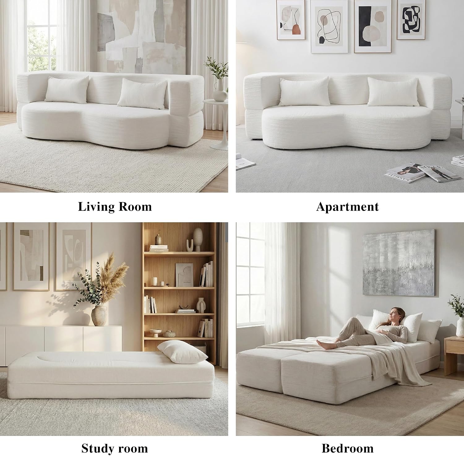 2-in-1 Convertible Sofa,78 Inch Folding Sofa Bed Pull Out Sofa with 2 Pilow Lazy Sofa, Teddy Loveseat Sleeper Floor Sofa for Apartment Children's Room Bedroom Living Room (Teddy, Beige)