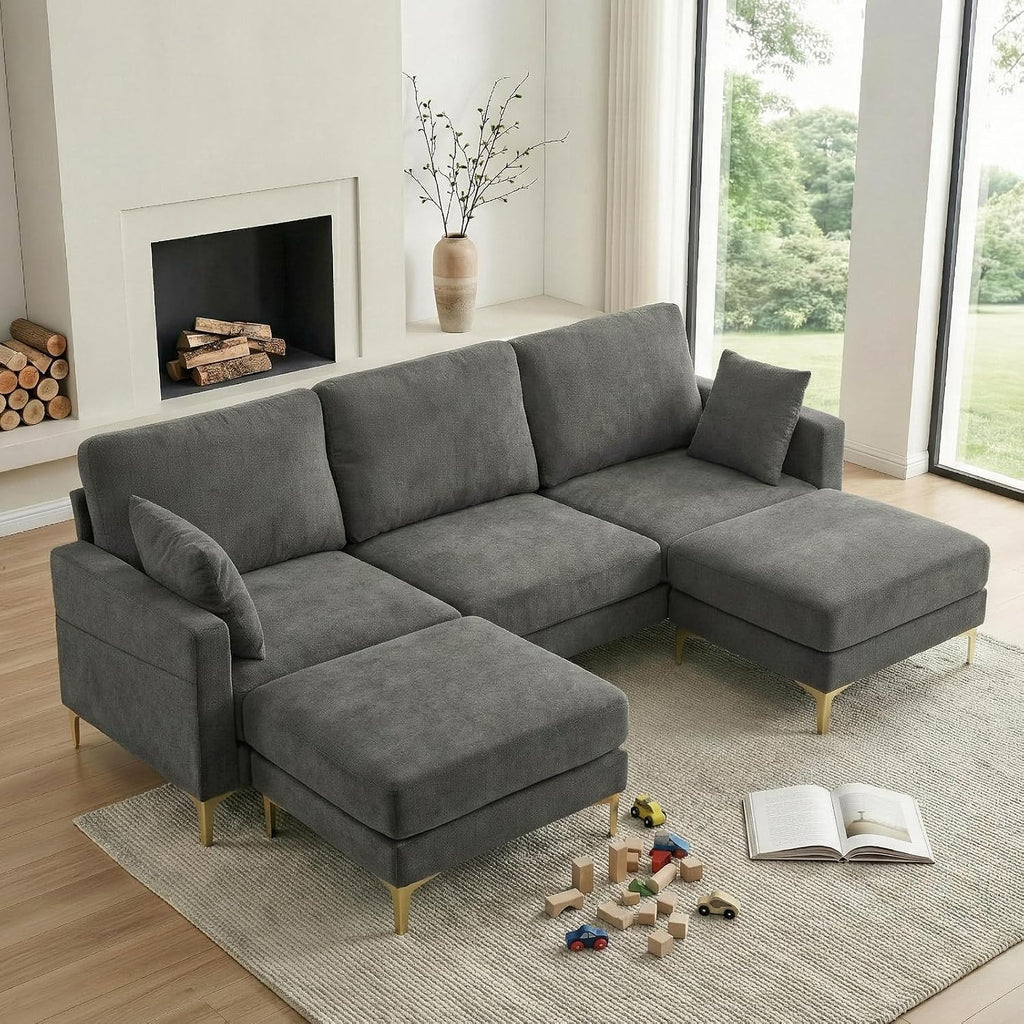 VINGLI 100' W U Shaped Couch with Ottoman, 22' Deep Seat Comfortable Sectional Couches for Living Room, 3 Seater Chenille Fabric Cloud Sofa for Apartment, Small Spaces, Bedroom, Grey