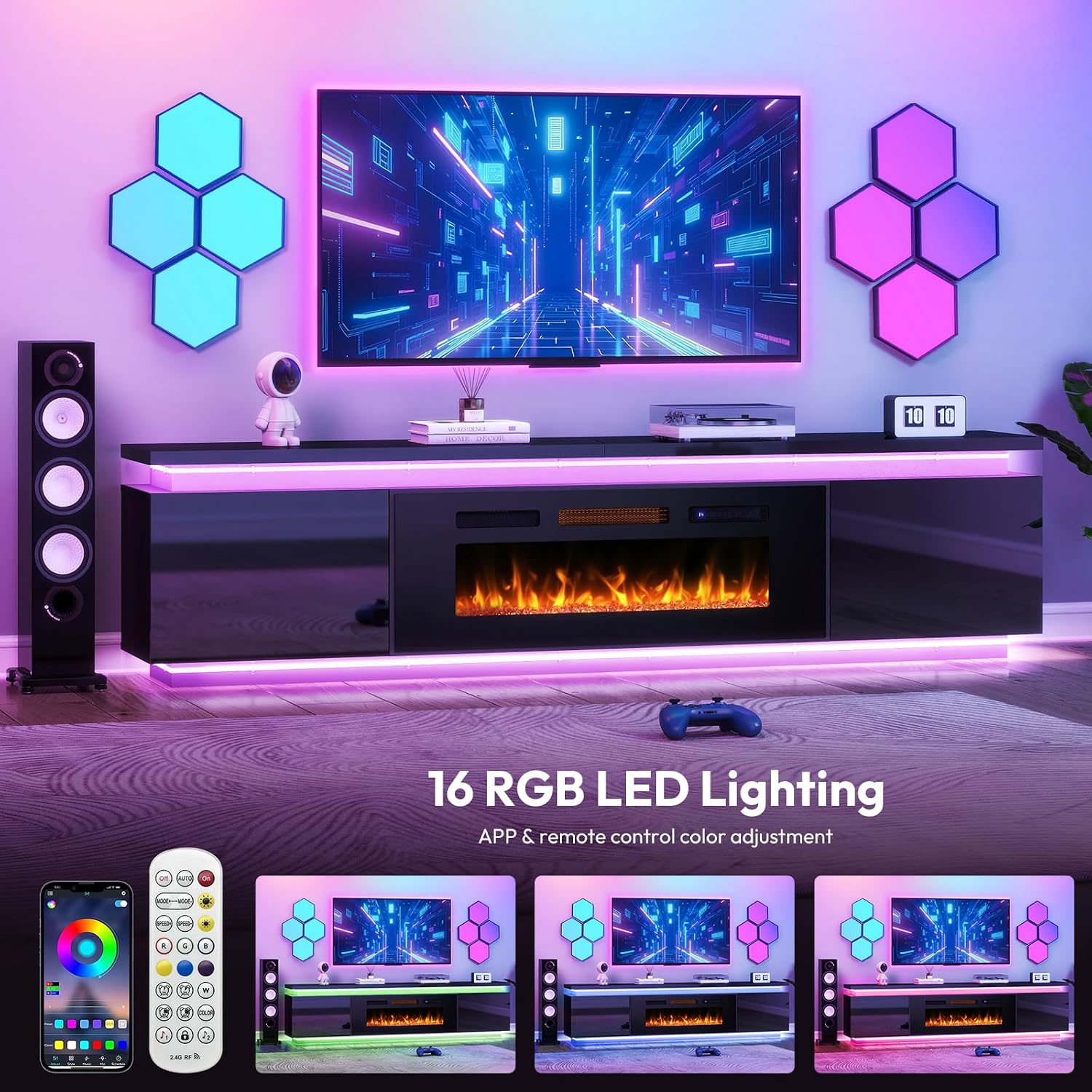 Lamtor Fireplace TV-Stand with 40' Fireplace - 2 LED fire Place TV Stand for 90 95 Inch TVs - Entertainment Center with 4 AC Power Outlets - TV Consoles Stand for Living Room, Gloss Black