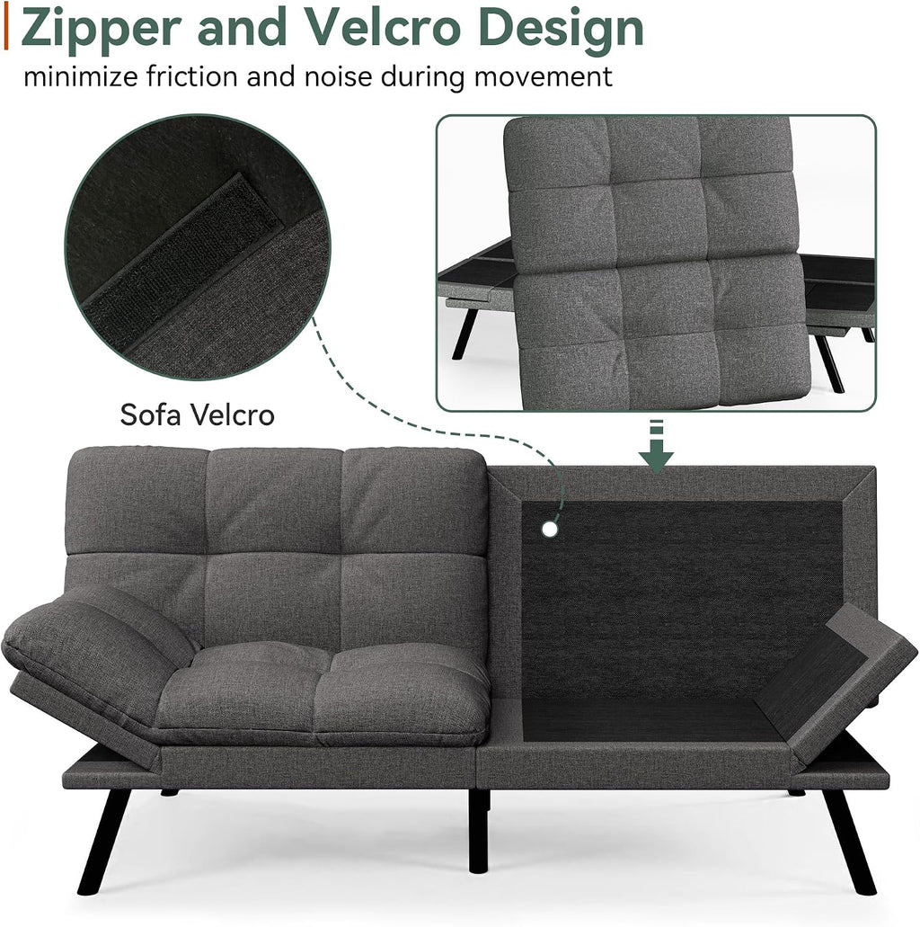 Opoiar Convertible Futon Sofa Bed,71' Memory Foam Futon Couch,Detachable Cushion,Adjustable Backrest & Armrest,Linen Modern Loveseat Sleeper Recliner for Living Room,Office,Apartment,Retro Grey