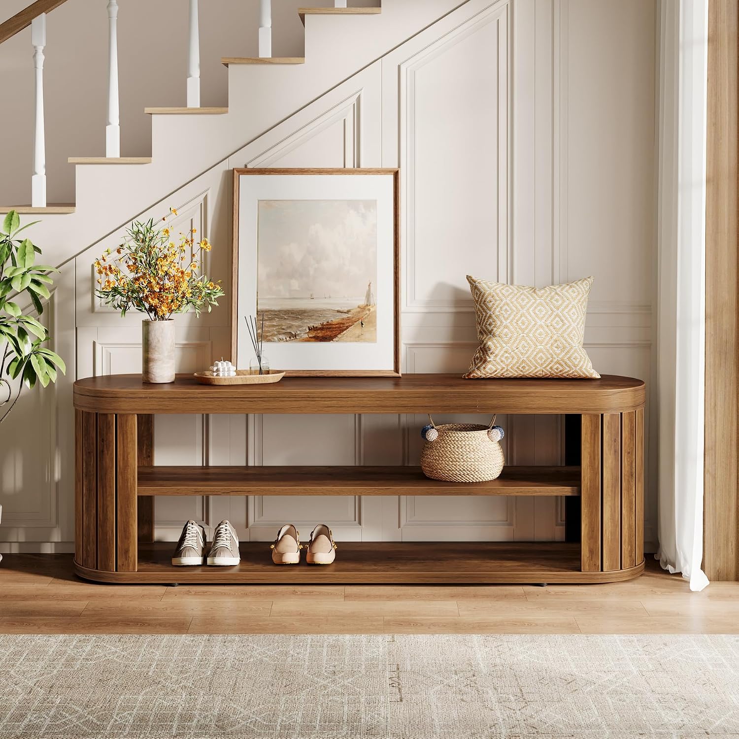 Tribesigns TV Stand for TVs up to 55 Inches, 47.2-Inch Entertainment Center with 2-Tier Open Storage & Adjustable Foot Pads, Oval Media TV Console Table for Living Room, Bedroom, Rustic Brown