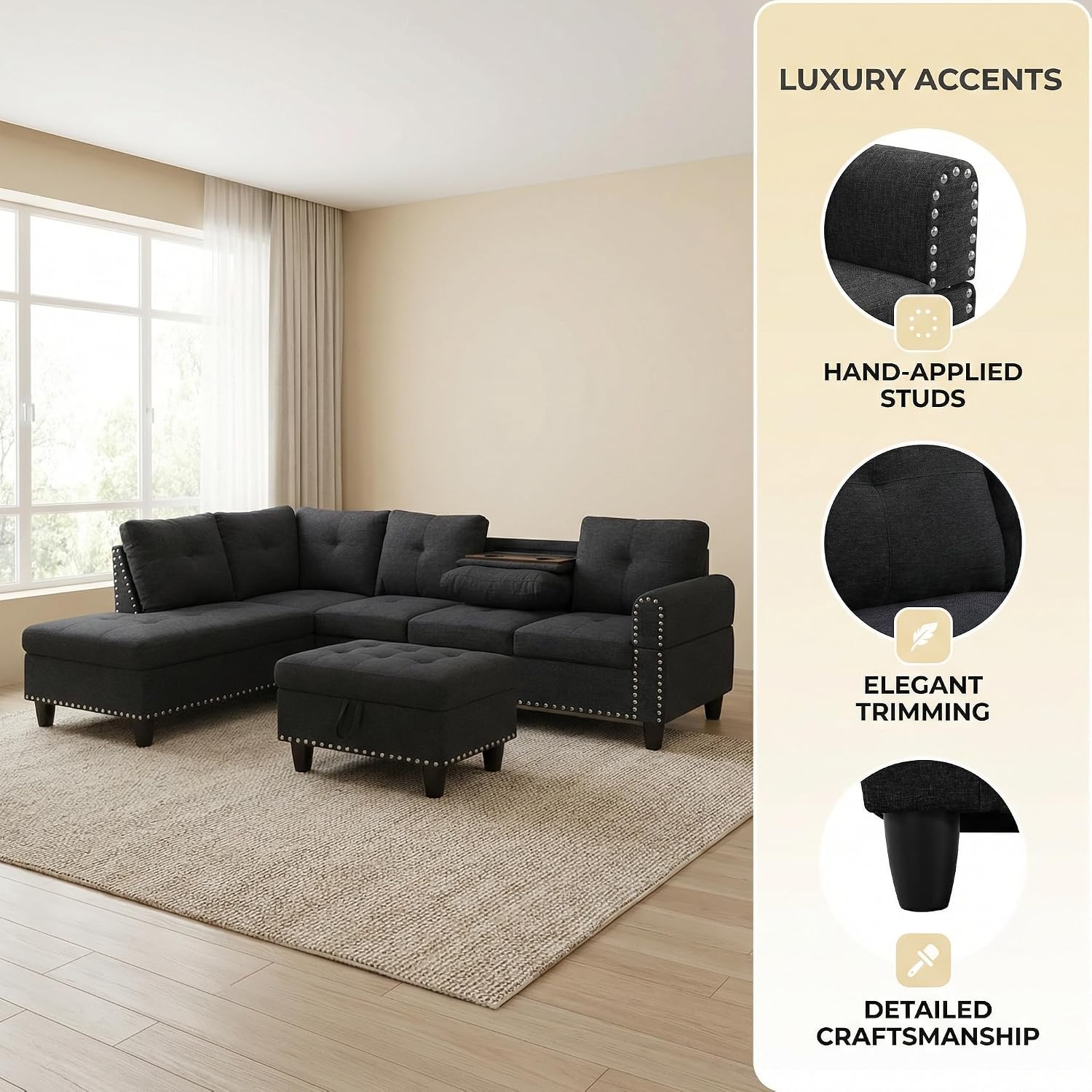 3-Piece L-Shaped Modular Sofa – Convertible Sectional Couch with Movable Chaise & Storage Ottoman, Multi-Scene Use for Living Room, Apartment & Office, Black Grey