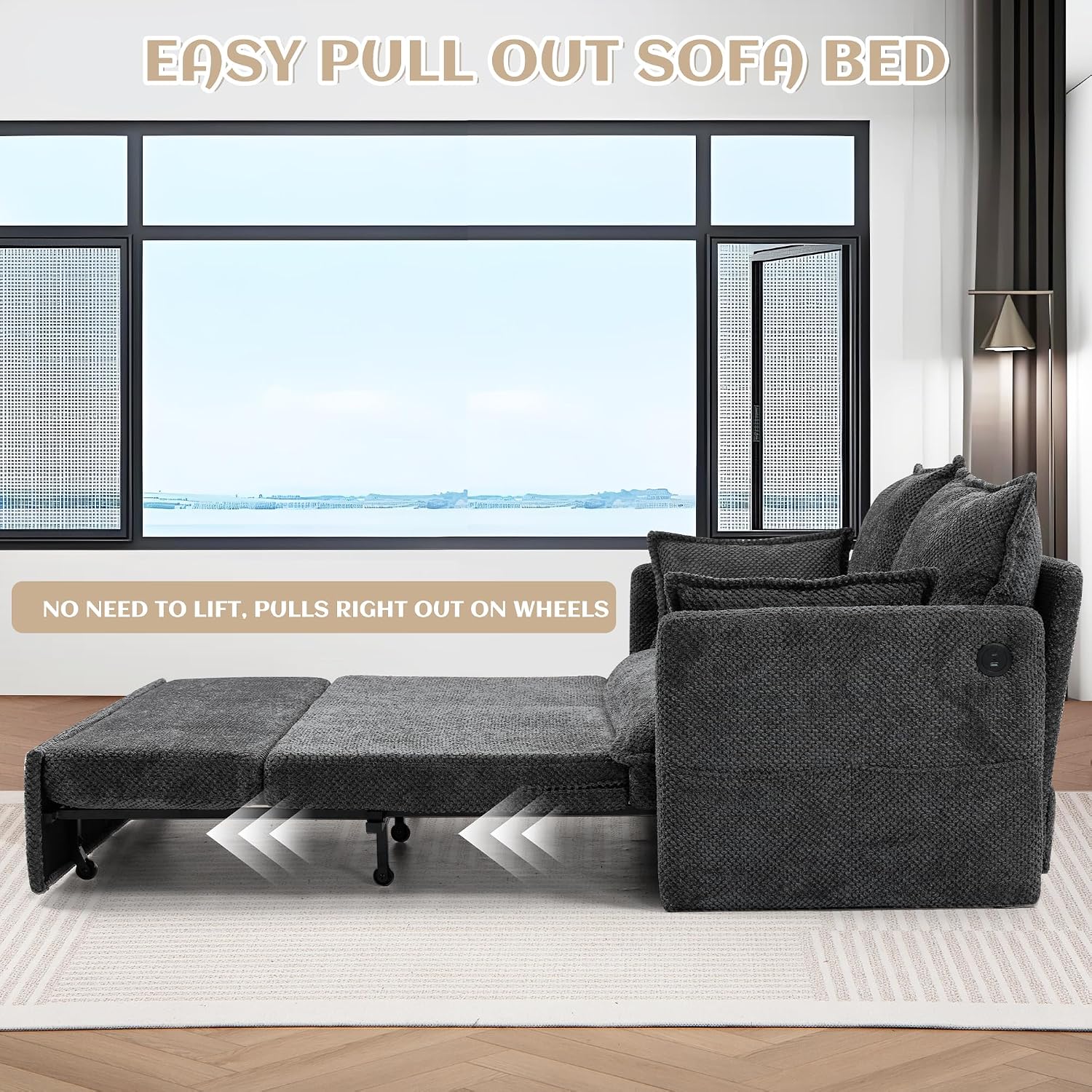 SUNWAVE 60' Queen Pull Out Sofa Bed - Convertible Sleeper Sofa Bed, Corduroy Loveseat Pull Out Couch with USB Charging, Side Pockets for Living Room, Bedroom, Small Spaces(Charcoal, 60')
