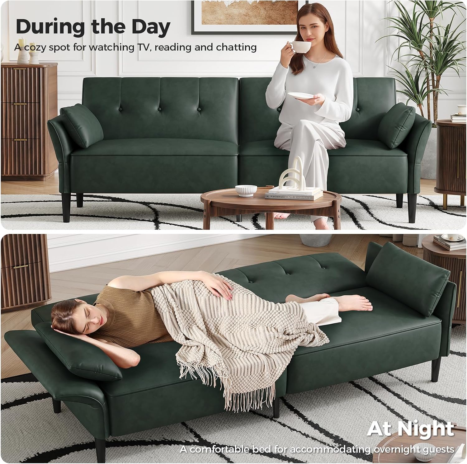 COPIAE 89' Futon Sofa Bed,Futon Couch Bed with 2 Square Pillows,Convertible Sleeper Sofa with Adjustable Backrest& Armrests, Modern Loveseat Sleeper for Living Room, Bedroom,Faux Leather Green