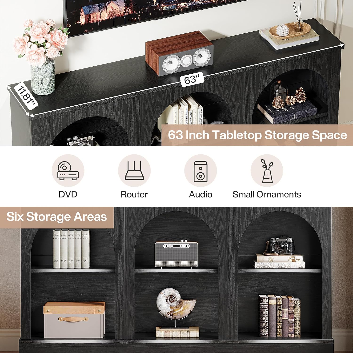 Tribesigns TV Stand for 55/60/65 Inch TV, Farmhouse Entertainment Center with Storage Cabinets, Modern Media Television Console Table for Living Room Bedroom, Black