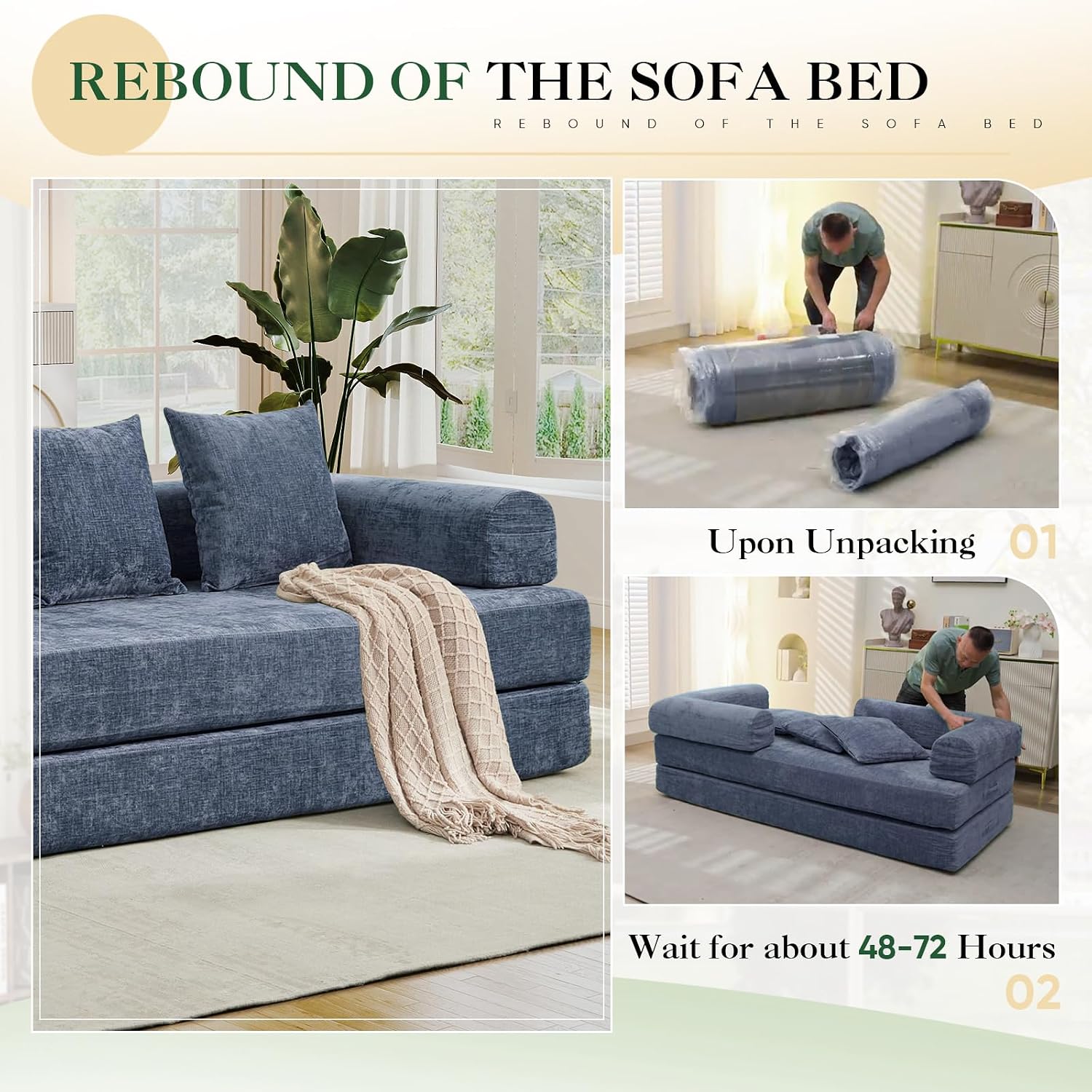 Deolme 3 in 1 Convertible Futon Sofa Bed, Modern King Size Chenille Loveseat Sleeper Sofa Folding, 3-Seater Foldable Lounger Couch Bed for Living Room, Bedroom Guest Room (Blue, 3 Throw Pillows)