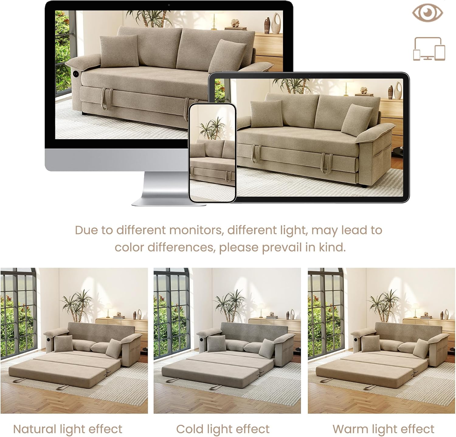 SUNWAVE 77' Sleeper Sofa Convertible Sofa Bed with USB Ports & Side Pockets, Chenille Loveseat Pull Out Couch with Full Size Sleeping Area, Folding Sofa Bed for Living Room & Small Spaces (Khaki)
