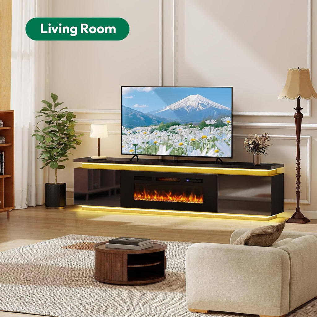 Lamtor Fireplace TV-Stand with 40' Fireplace - 2 LED fire Place TV Stand for 90 95 Inch TVs - Entertainment Center with 4 AC Power Outlets - TV Consoles Stand for Living Room, Gloss Black