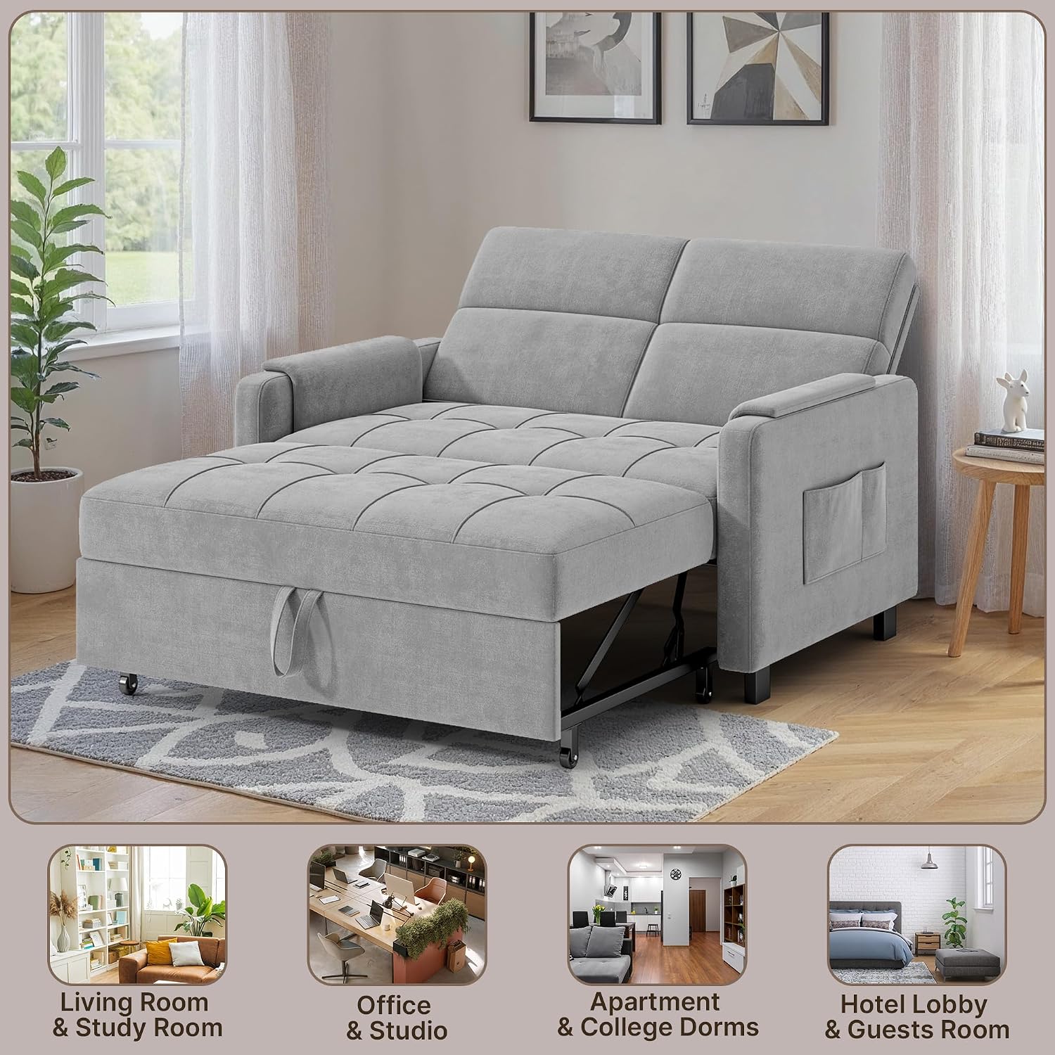 Gizoon Convertible Sofa Bed, 3-in-1 Pull Out Couch, 5-Position Adjustable Backrest & Side Pockets, Modern Small Loveseat Sleeper Sofa for Living Room, Apartment, Dorm, Studio, Guest Room, Light Grey