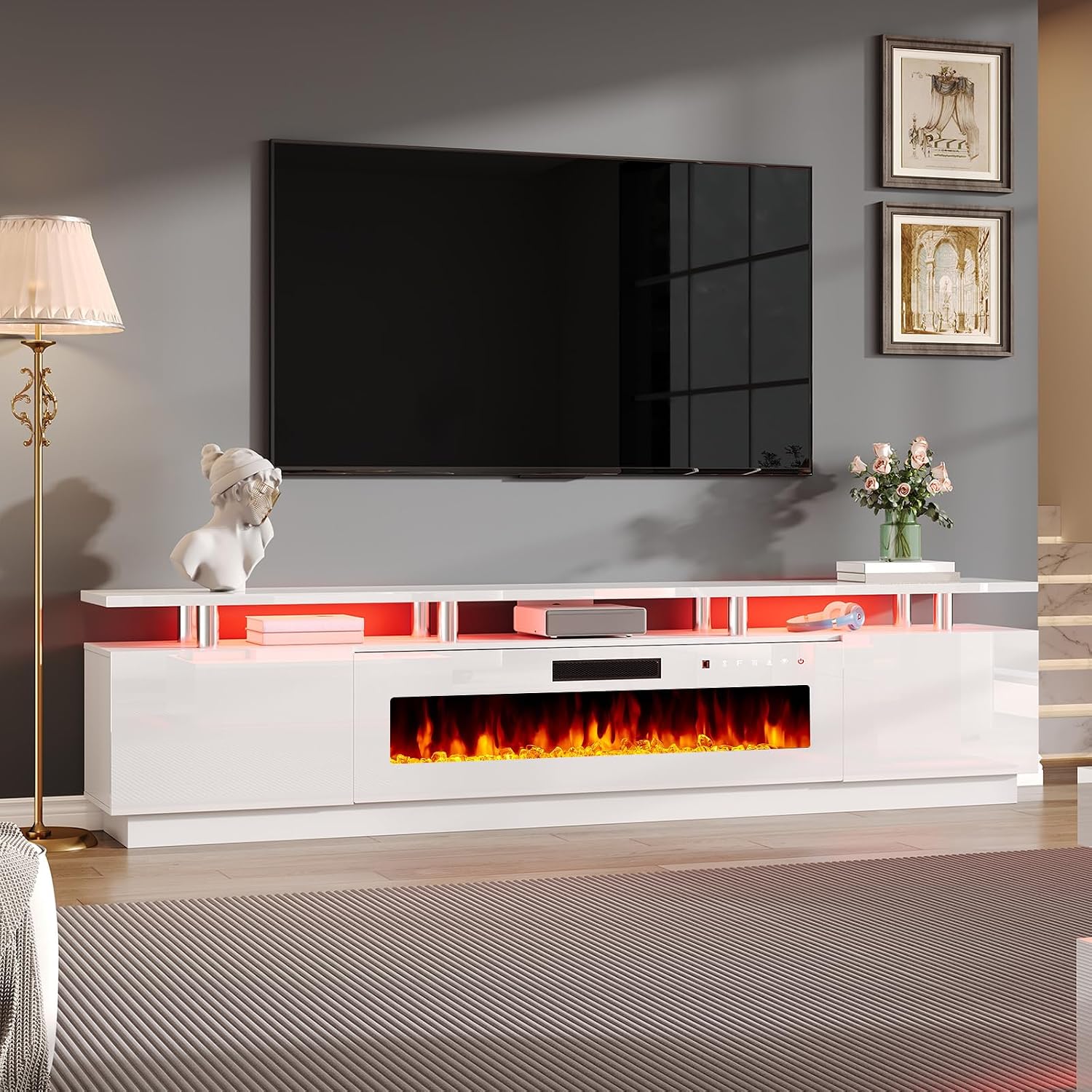 AMERLIFE 90' 2 Tier Fireplace TV Stand with 50' Fireplace, Modern Large Entertainment Center LED Lights, Media Console Table Storage Cabinet for TVs Up to 100', Living Room, White & White