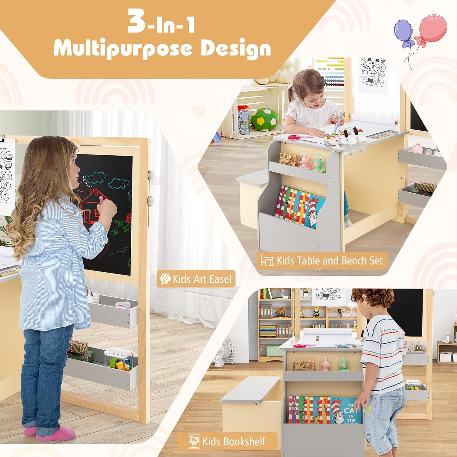 HONEY JOY Kids Art Easel, 6-in-1 Wooden Double-Sided Toddler Table & Chair Set w/Adjustable Magnetic White Board & Chalkboard, Paper Roll, Bookshelf, Storage, Kids Art Table and Chair (Gray)
