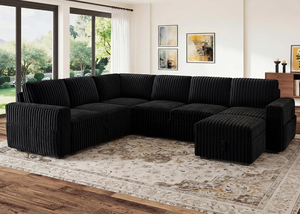 HONBAY Modular Sectional Sleeper Sofa with Pull Out Bed,Corduroy U Shaped Couch with Storage, Sectional Couches for Living Room,Black