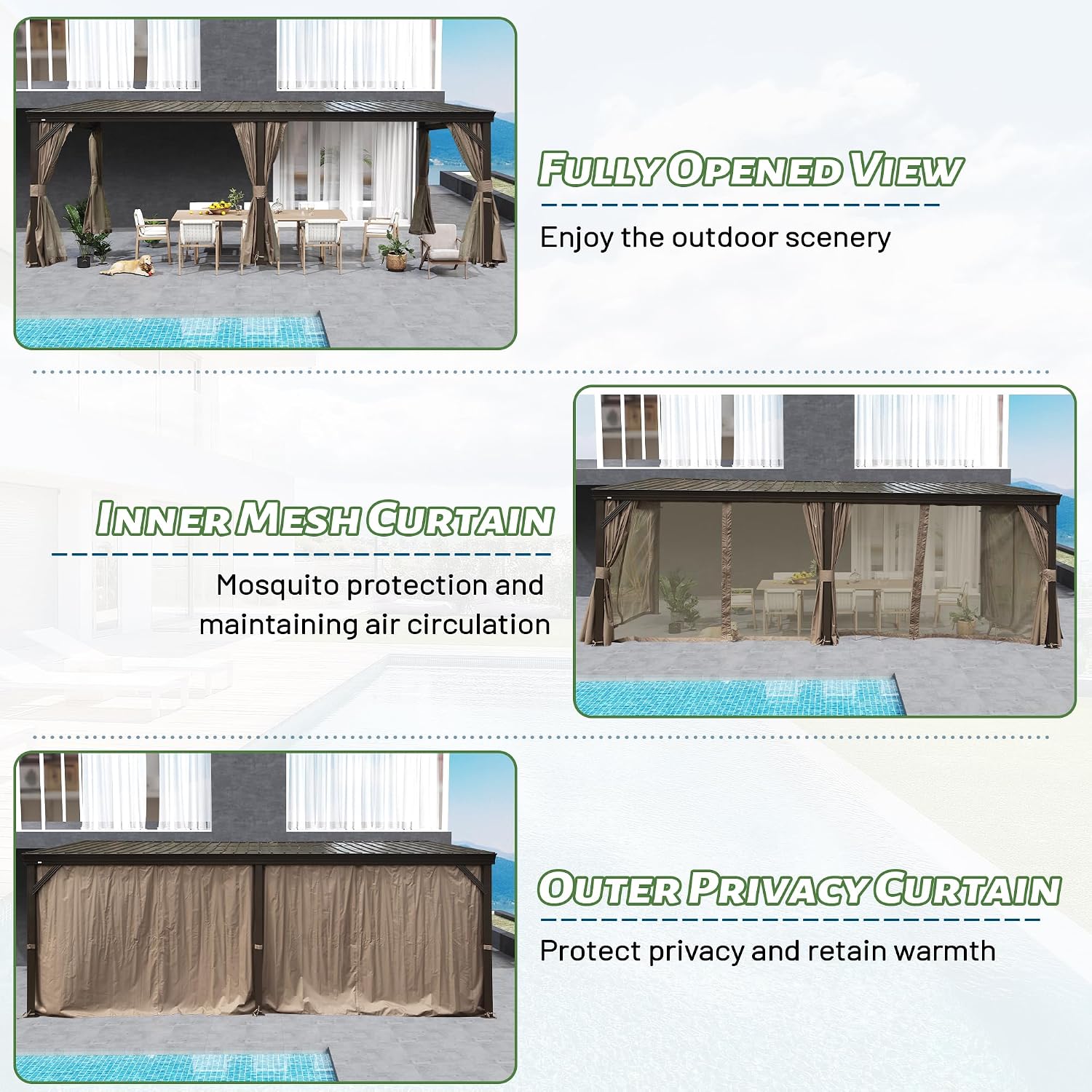 Domi 12x16FT Wall Mounted Gazebo Aluminum Frame, Lean to Gazebo Hardtop with Galvanized Steel Sloping Roof, Curtains and Netting for Patio Deck Backyard Lawn Party