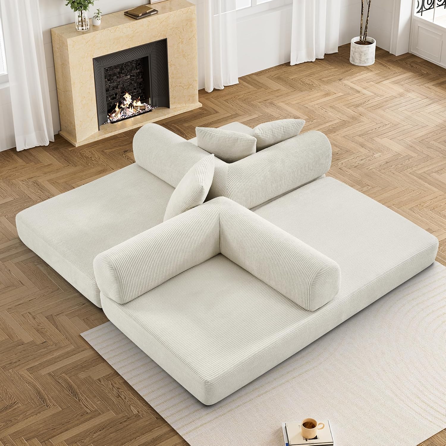 DAMAIFROM Convertible Sleeper Sofa Bed with Cylindrical Pillow,Corduroy Folding Mattress Couch with Fixed-Shape Frame,Modular Floor Sofa Lounge Couch for Living Room Bedroom Lounge,80',Beige White