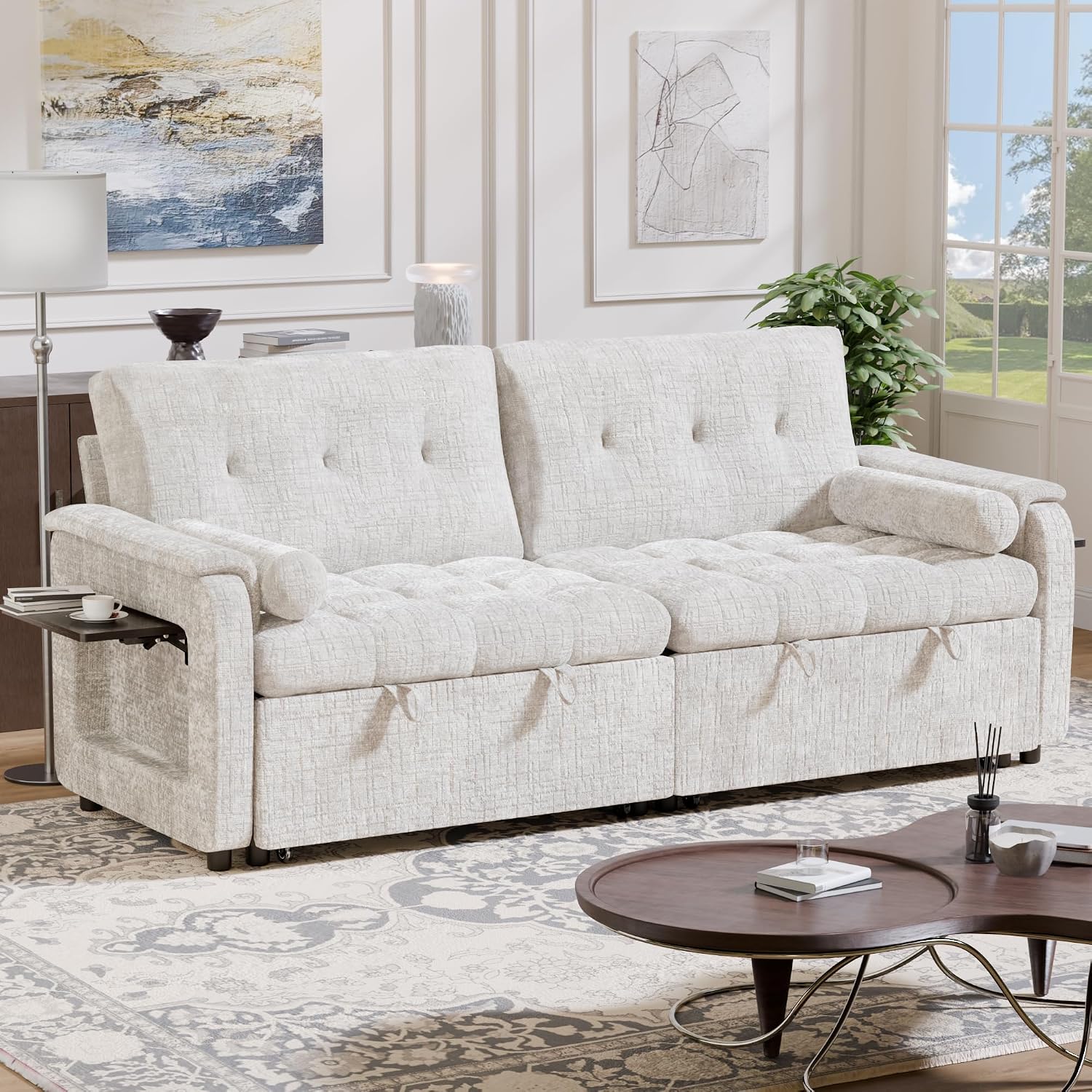 Convertible Sleeper Sofa Bed, 86 Inch Chenille Pull Out Couch with Side Table & Adjustable Backrest, Sectional Sleeper Sofa with Pull Out Bed for Living Room, Apartment, Beige