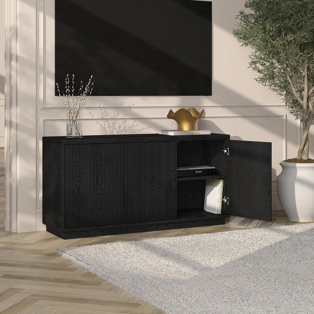 Henn&Hart Fluted TV Stand for TVs up to 55' with 3 Swing Out Ribbed Doors and Adjustable Shelves for Living Room, Family Room, or Office, Natural Black