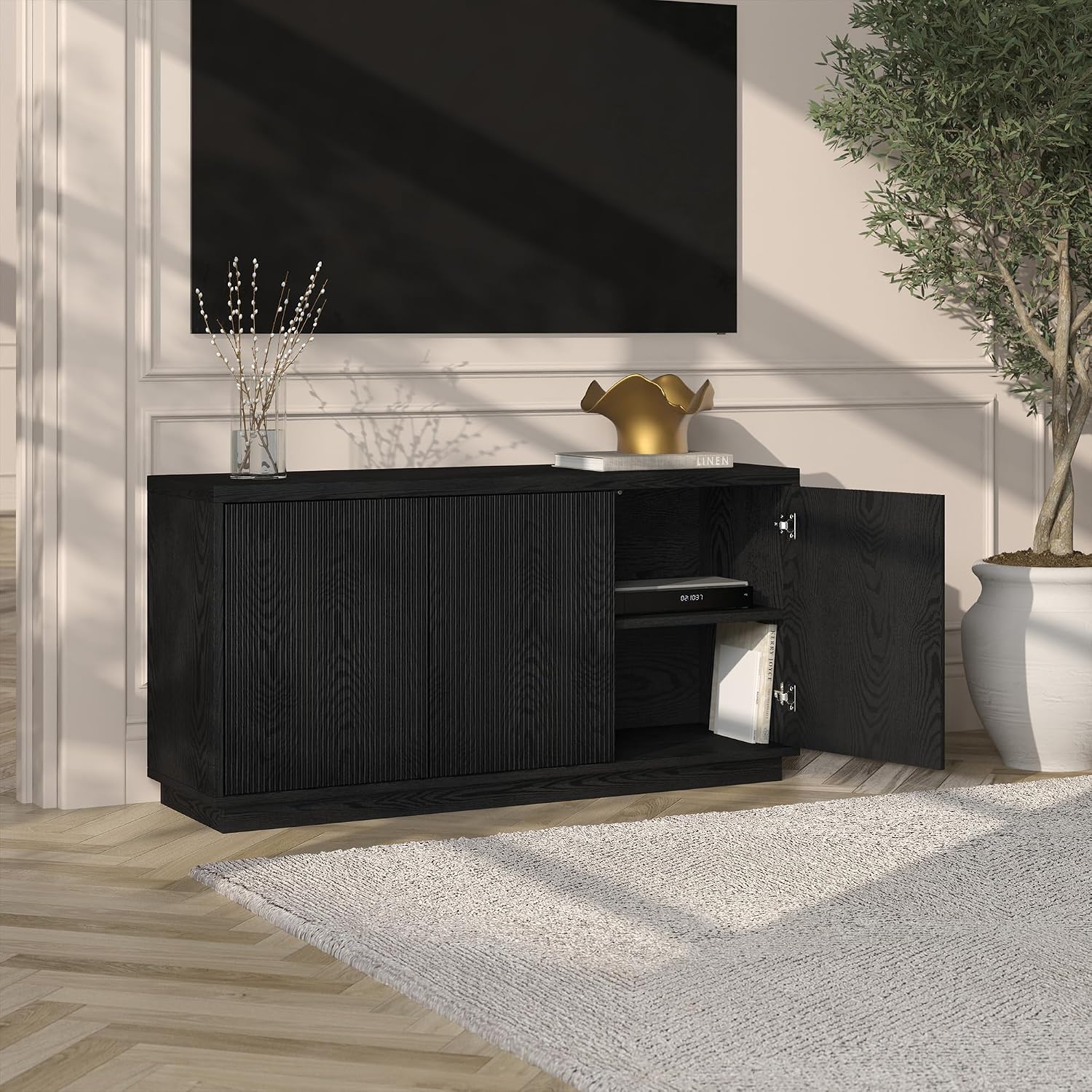 Henn&Hart Fluted TV Stand for TVs up to 55' with 3 Swing Out Ribbed Doors and Adjustable Shelves for Living Room, Family Room, or Office, Natural Black