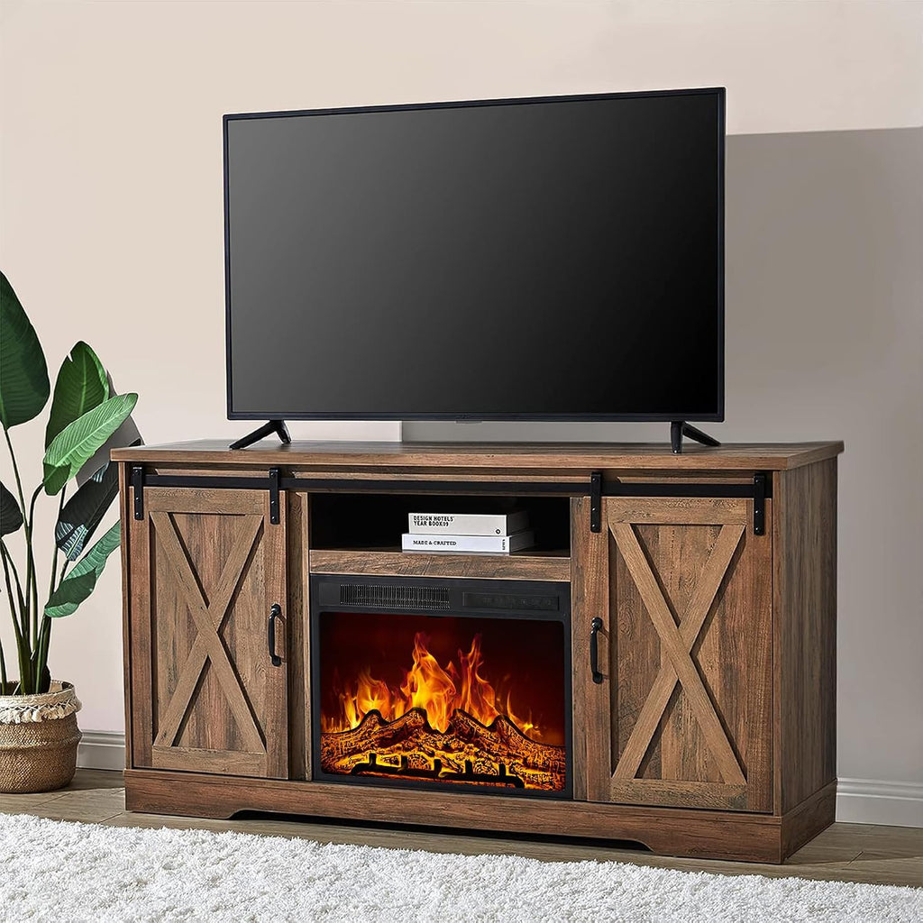 AMERLIFE 59' Fireplace TV Stand for TVs up to 65', Farmhouse Entertainment Center with Sliding Barn Doors, Storage Cabinets and Adjustable Shelves, Barnwood