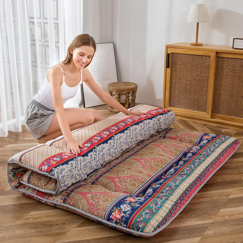 MAXYOYO Bohemian Retro Floor Mattress Vintage Floral Japanese Futon Mattress Roll Up Thicken Sleeping Mat Portable Camping Mattress Floor Lounger Couch Mattress Pad, Full Size