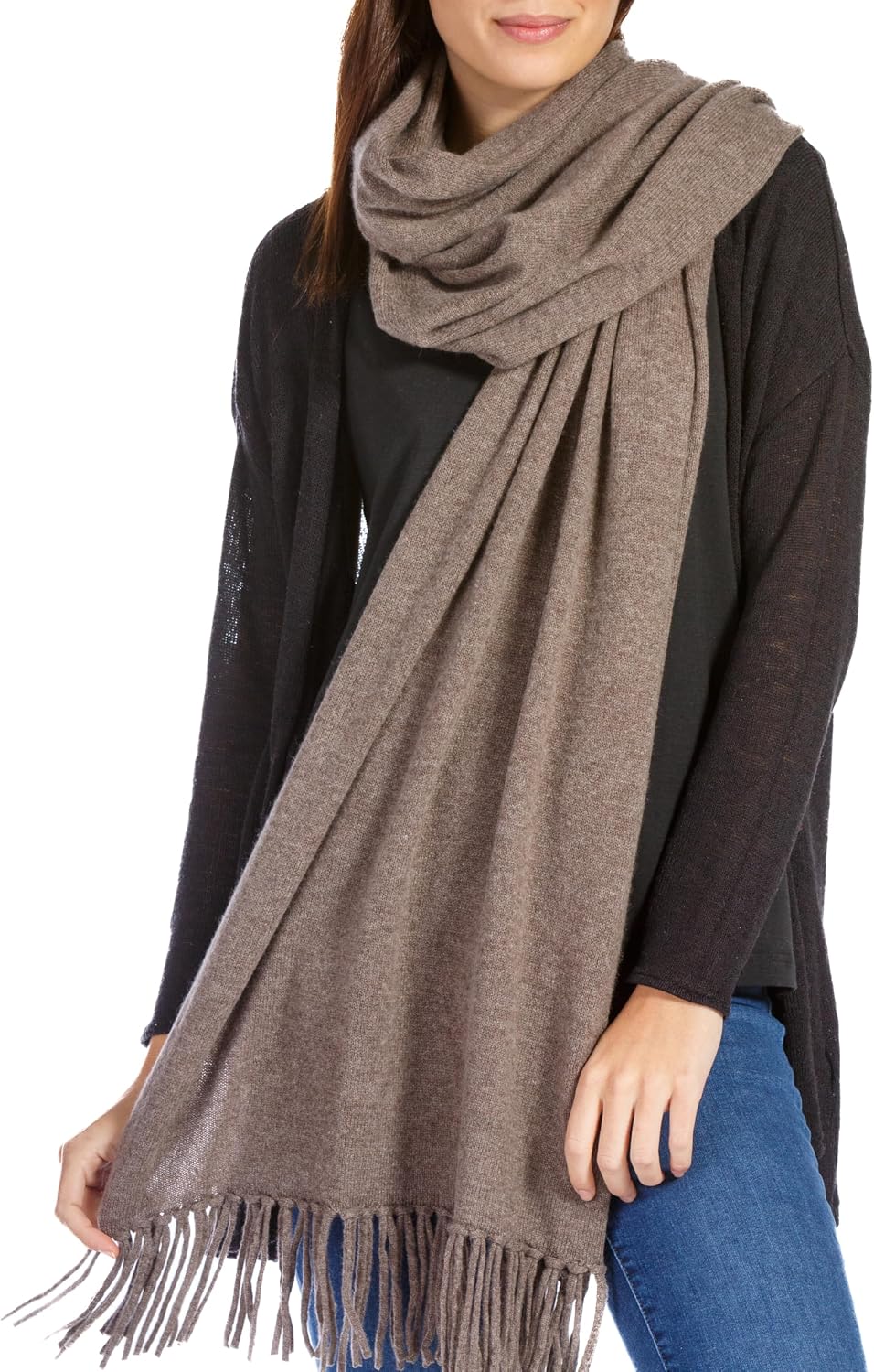 Fishers Finery Women's 100% Cashmere Knit Shawl Wrap with Fringe | Oversized 78' long by 28' wide