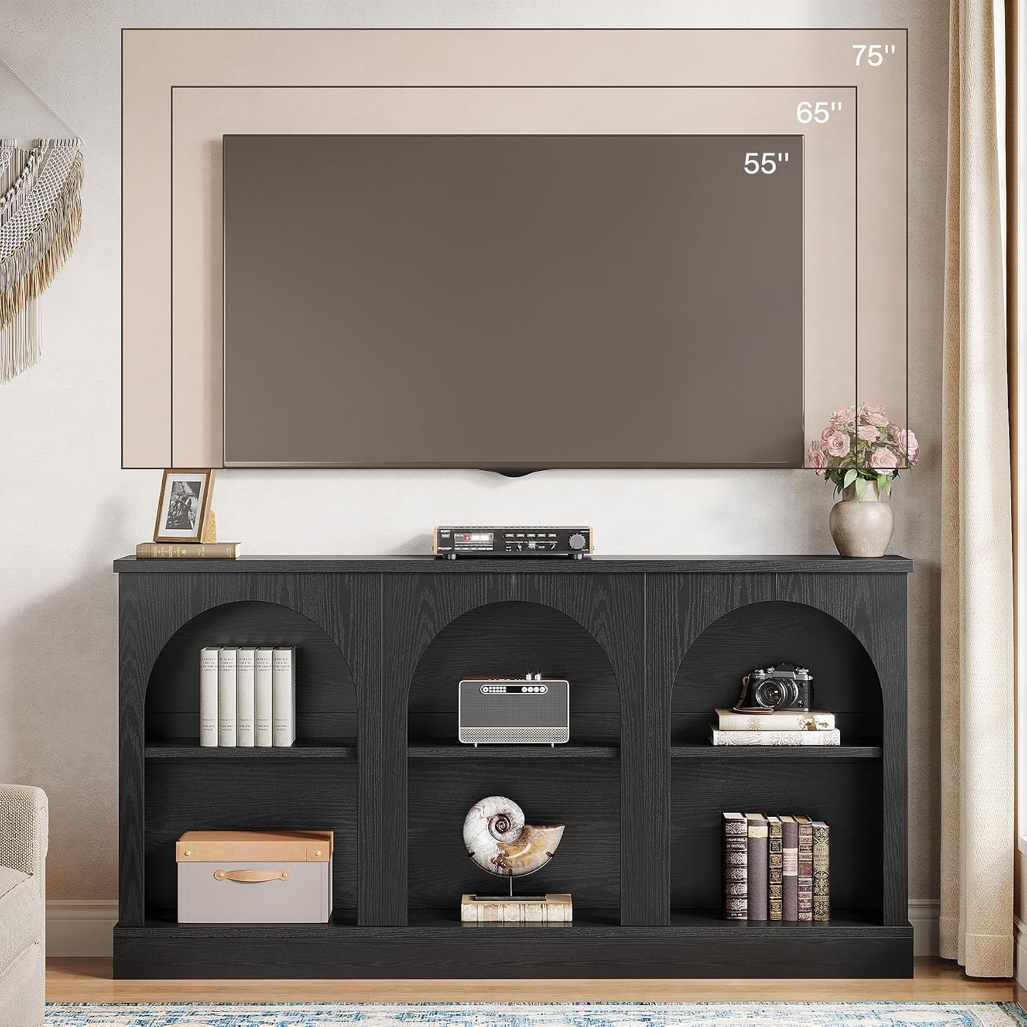 Tribesigns TV Stand for 55/60/65 Inch TV, Farmhouse Entertainment Center with Storage Cabinets, Modern Media Television Console Table for Living Room Bedroom, Black