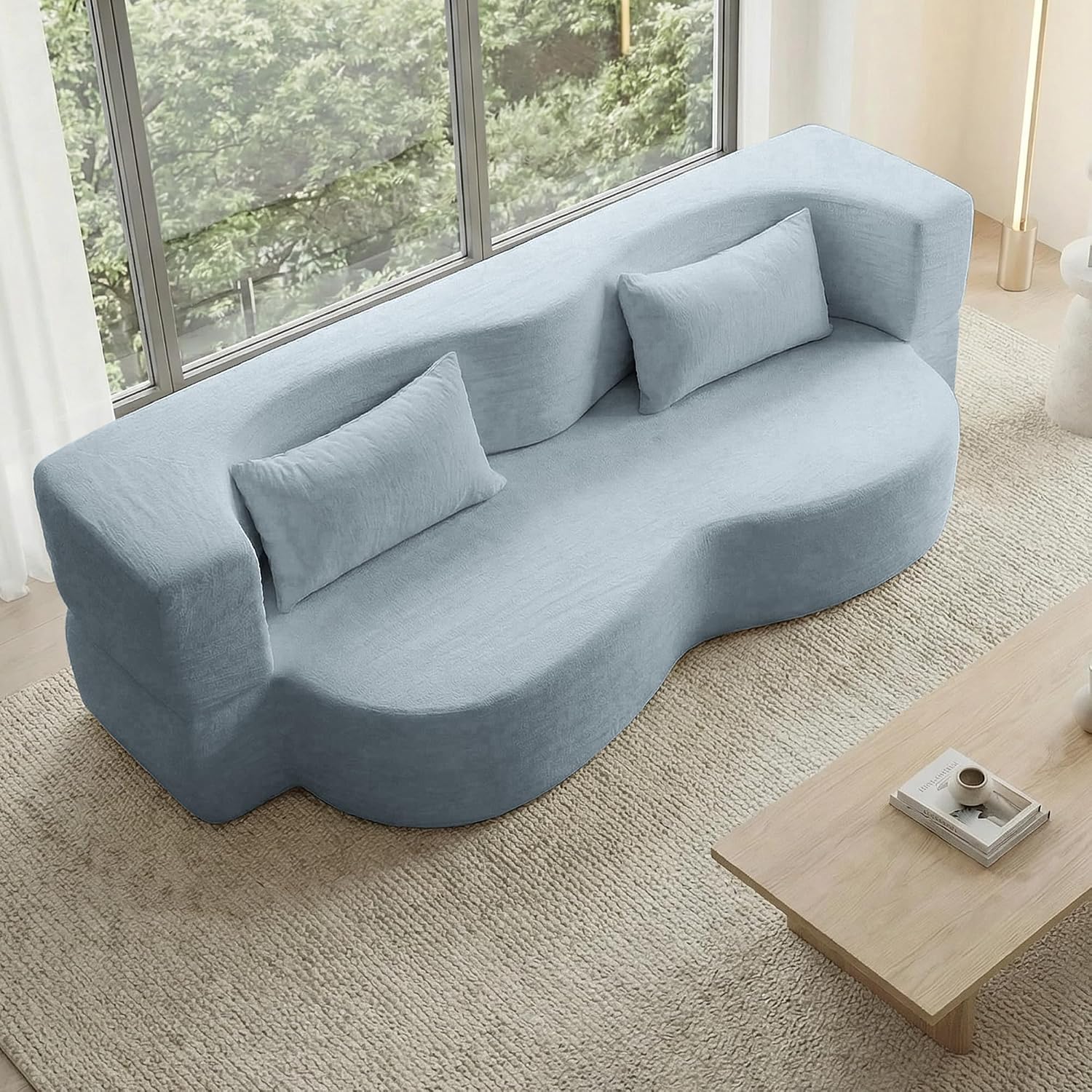 2-in-1 Convertible Sofa,78 Inch Pull Out Sofa Folding Sofa Bed with 2 Pilow Lazy Sofa, Teddy Loveseat Sleeper Floor Sofa for Apartment Children's Room Bedroom Living Room (Teddy, Light Blue)