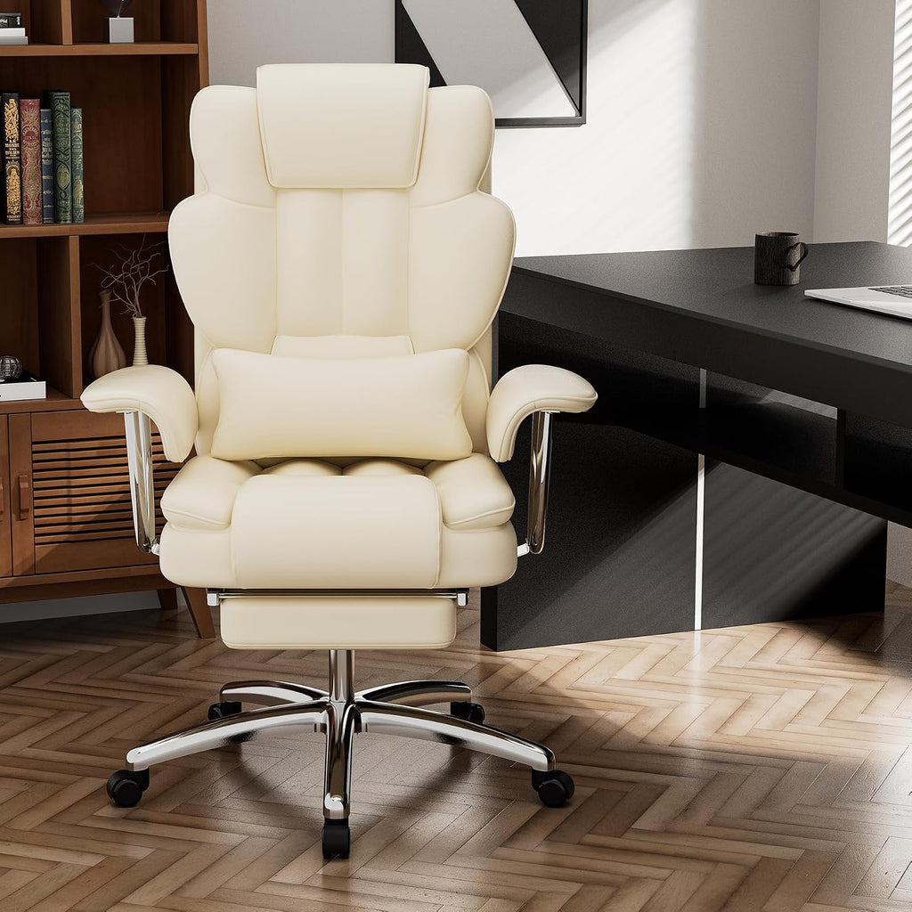 Office Chair, Big Executive Office Chair with Footrest, Ergonomic Reclining Chair High Back,Leather Computer Chair for Adult(Beige)