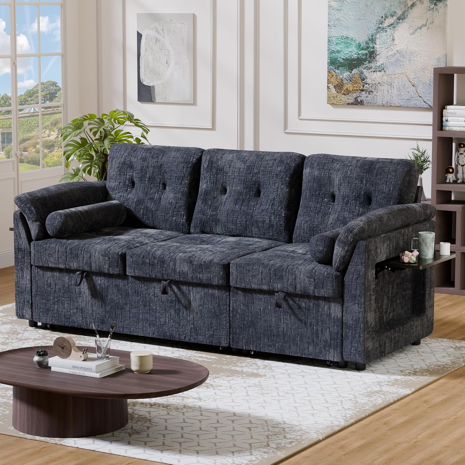 Convertible Sleeper Sofa Bed, 63 Inch Chenille Pull Out Couch with Side Table & Adjustable Backrest, Sectional Sleeper Sofa with Pull Out Bed for Living Room, Apartment, Blue
