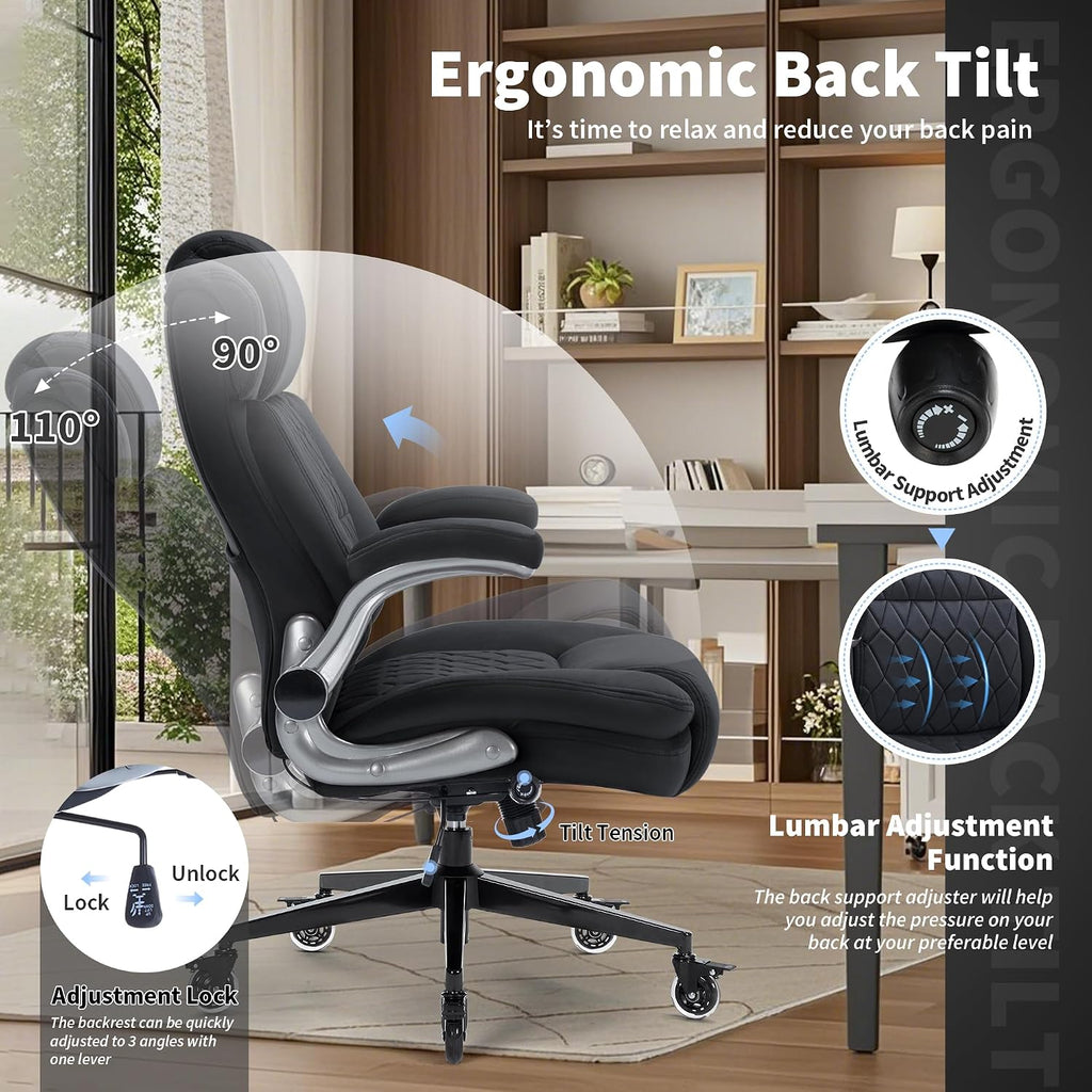 Office Chair with Locking Wheels, Ergonomic High Back Fabric Desk Chair with Adjustable Lumbar Support, Flip-Up Arms, Thick Padded Seat, 400lbs Heavy Duty for Home Office Adults
