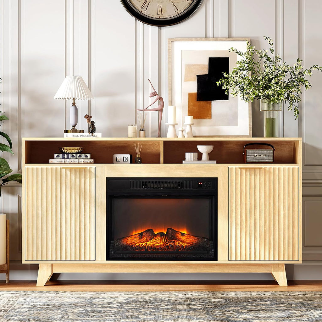 VINGLI Fluted Fireplace TV Stand for up to 70 inch TVs, Entertainment Center with Electric Fireplace Heater & Adjustable Shelves ＆ Open Cabinet, Fireplace Media Console Table for Living Room, Oak