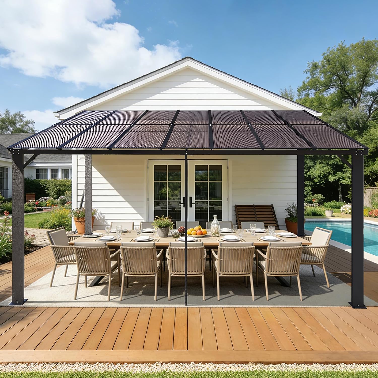 10'×14' Patio Gazebo with Waterproof Fuzzy Strip, Outdoor Gazebo with Innovative Base Support, Wall Mounted Gazebos Pergola with Roof for Backyard, Decks, Garden