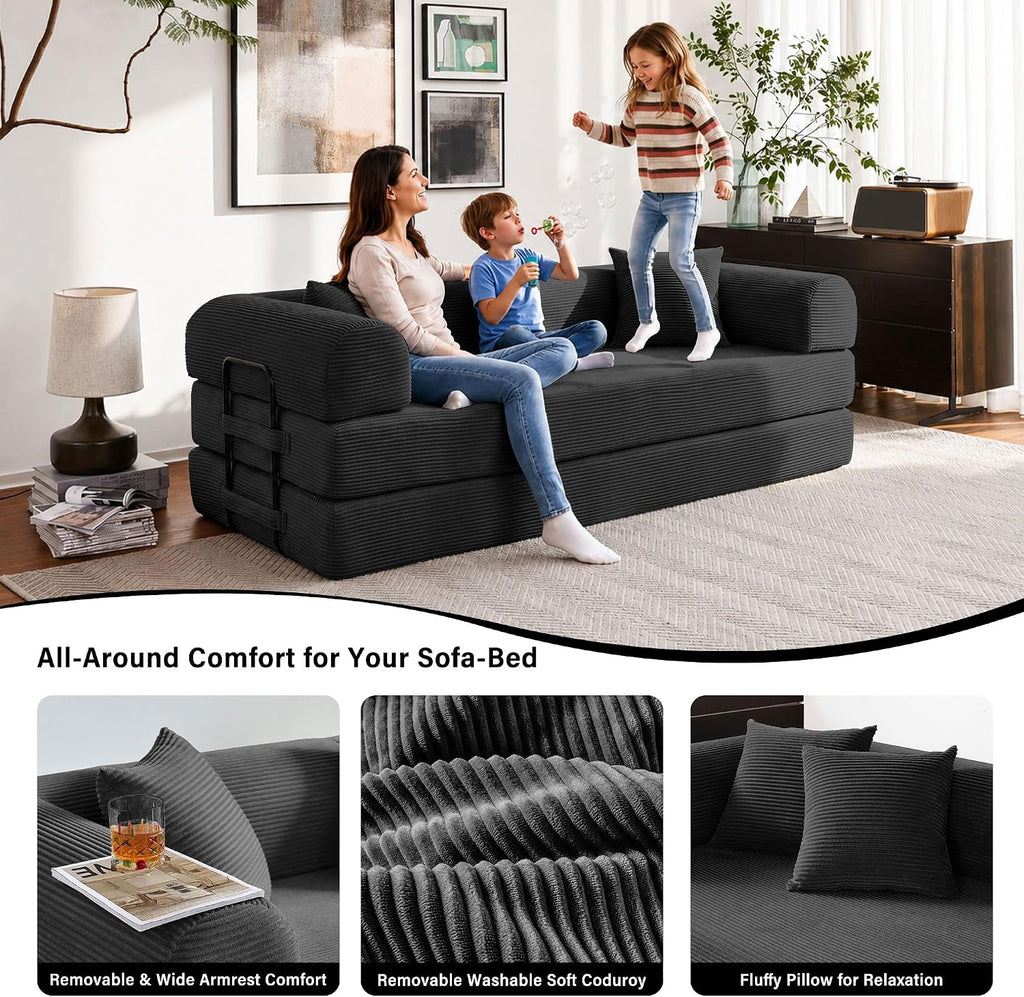 79' Convertible Sofa Bed, 5-in-1 Corduroy Boneless Couch Bed Sofa Pull Out, Memory Foam Couch, No Assembly Futon Couches for Living Room (Black)